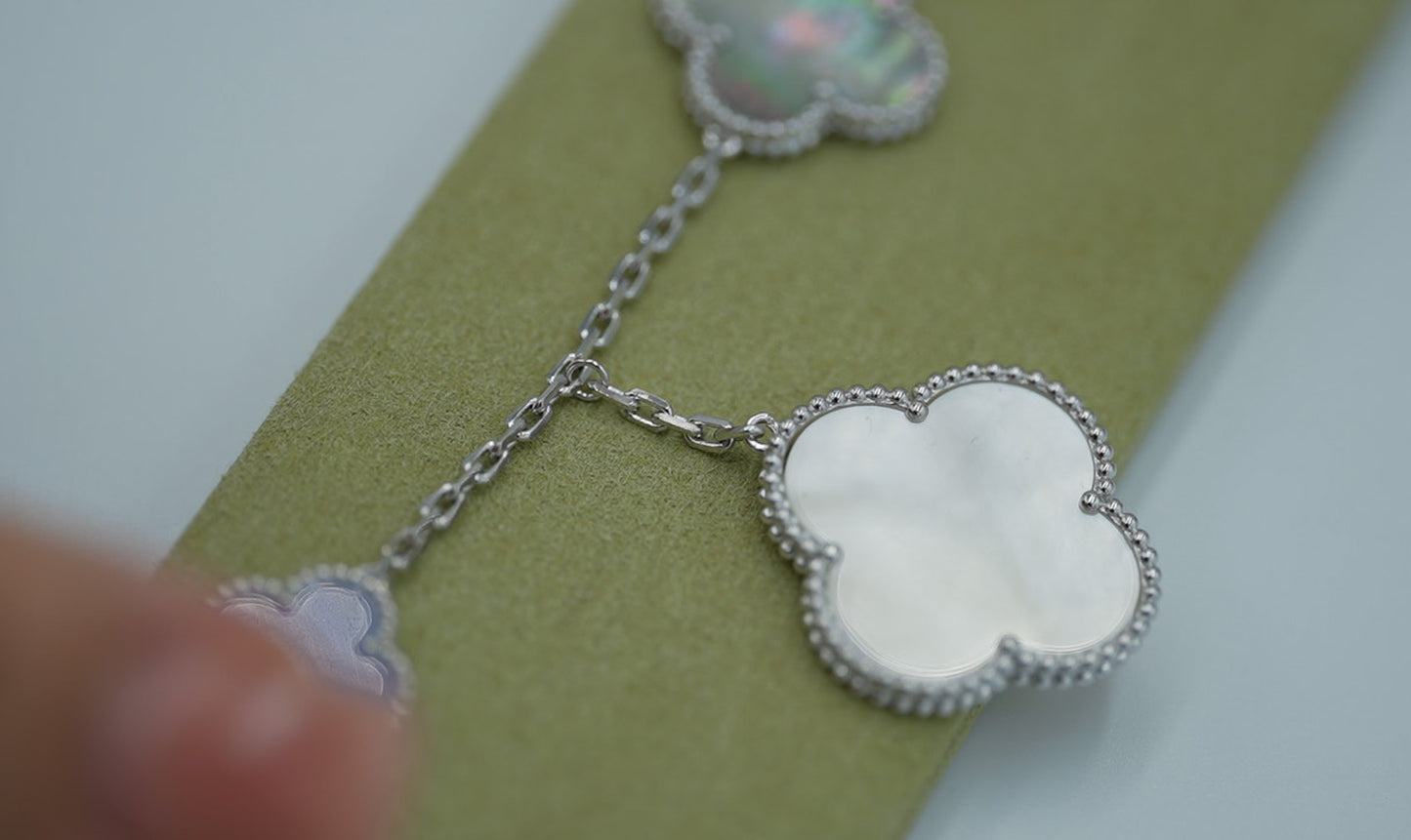 Mother of pearl & Chalcedony Charm clover bracelet 925 silver 18k white gold plated