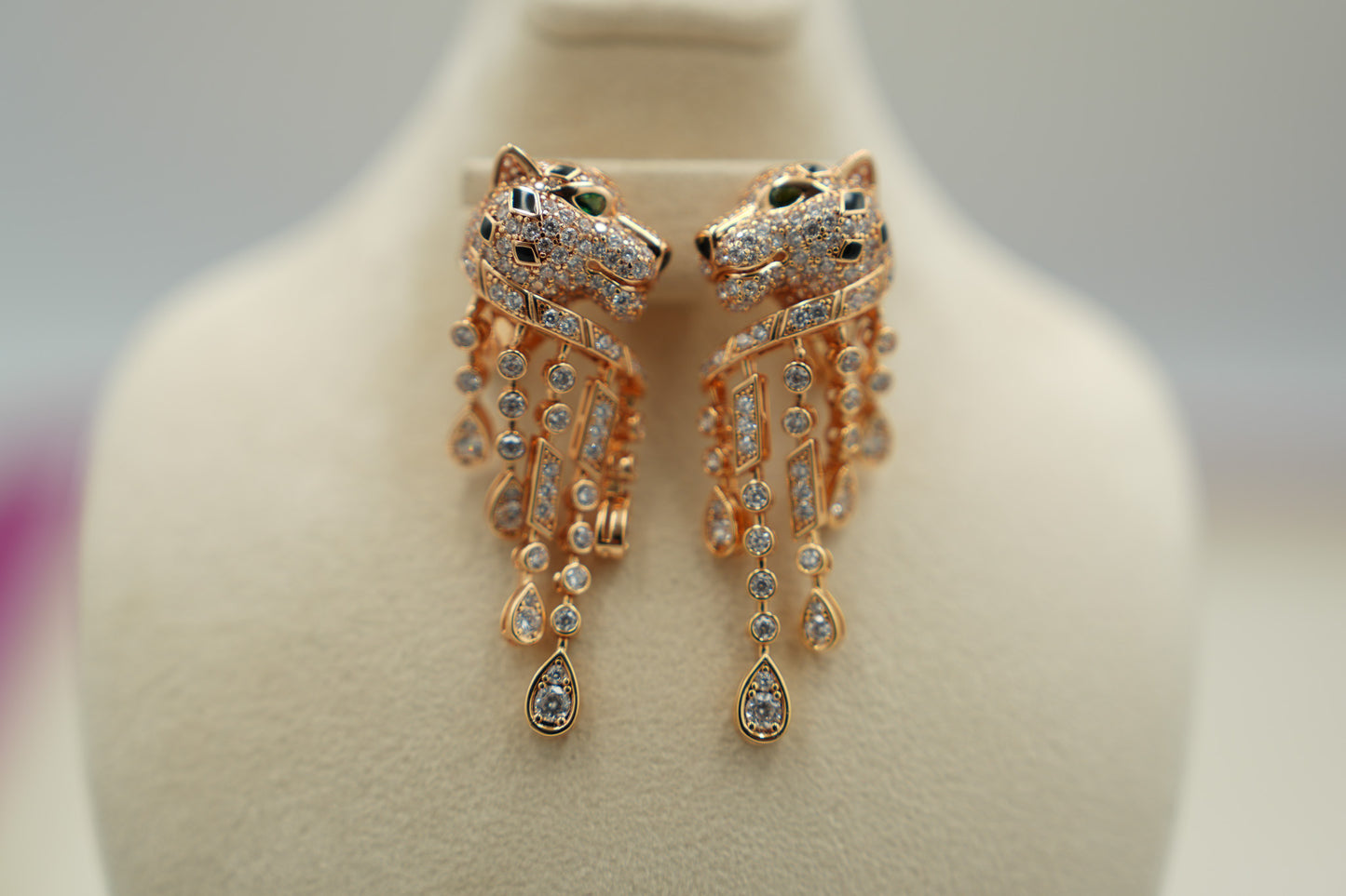 Panther head tassel earrings 925 silver 18k rose gold plated