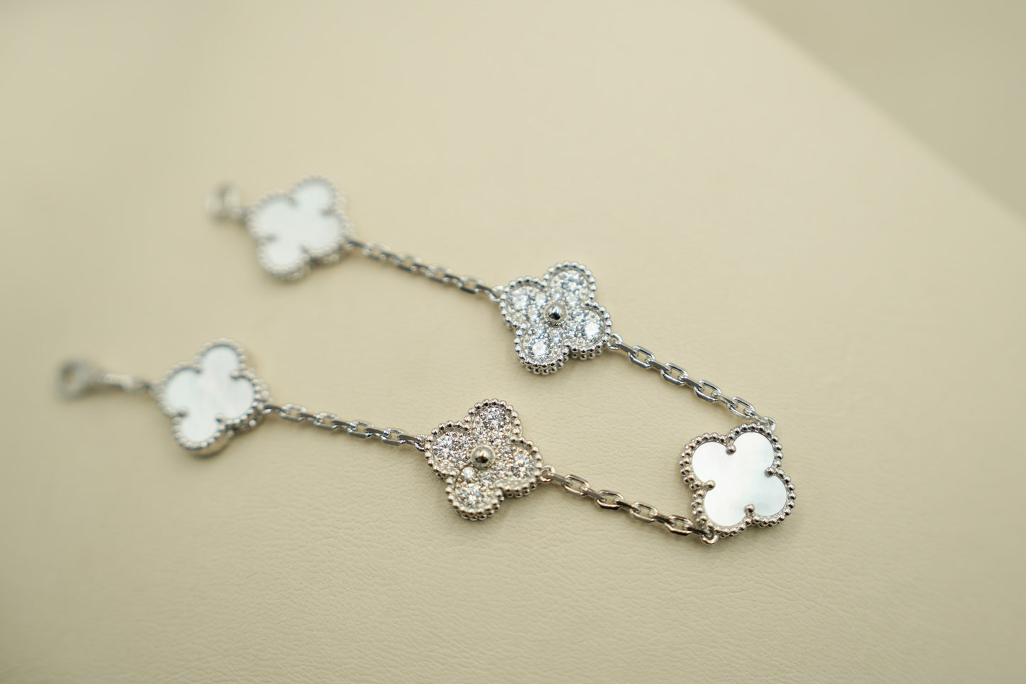Mother of pearl & CZ clover bracelet 925 silver 18k white gold plated