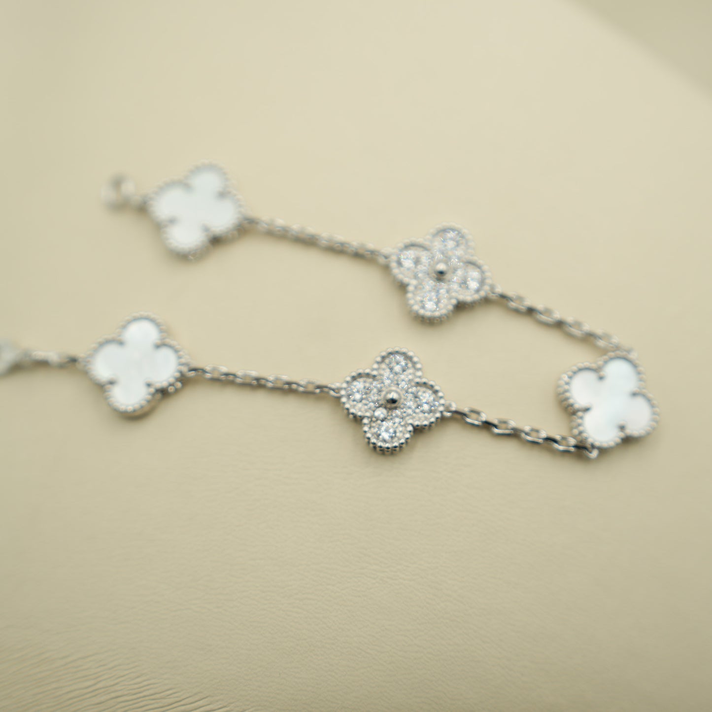 Mother of pearl & CZ clover bracelet 925 silver 18k white gold plated