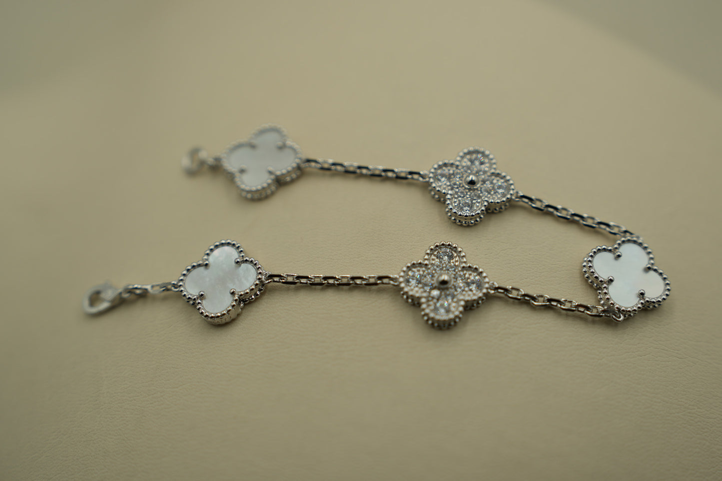 Mother of pearl & CZ clover bracelet 925 silver 18k white gold plated