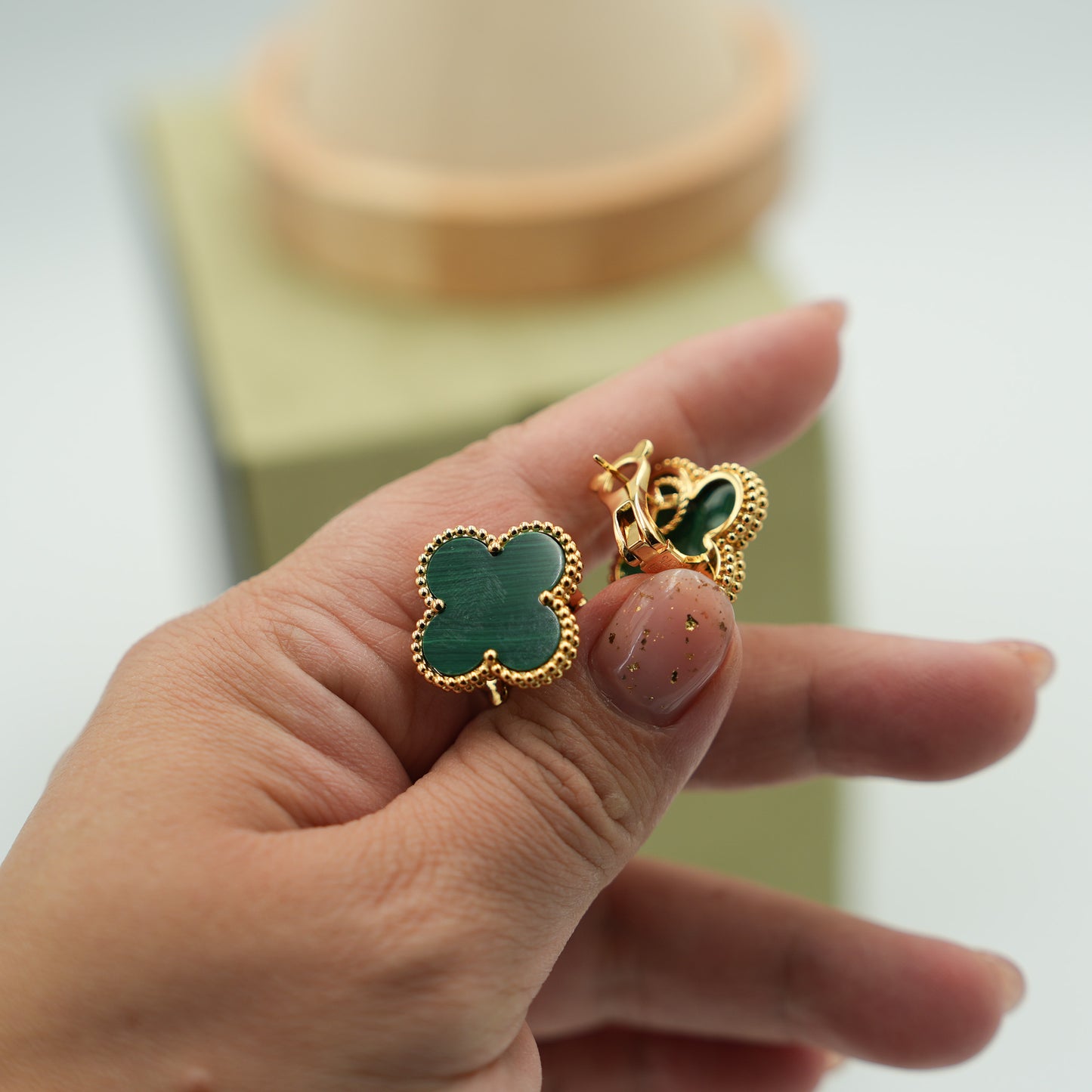 Malachite 20mm Magic Clover earrings 925 silver 18k gold plated