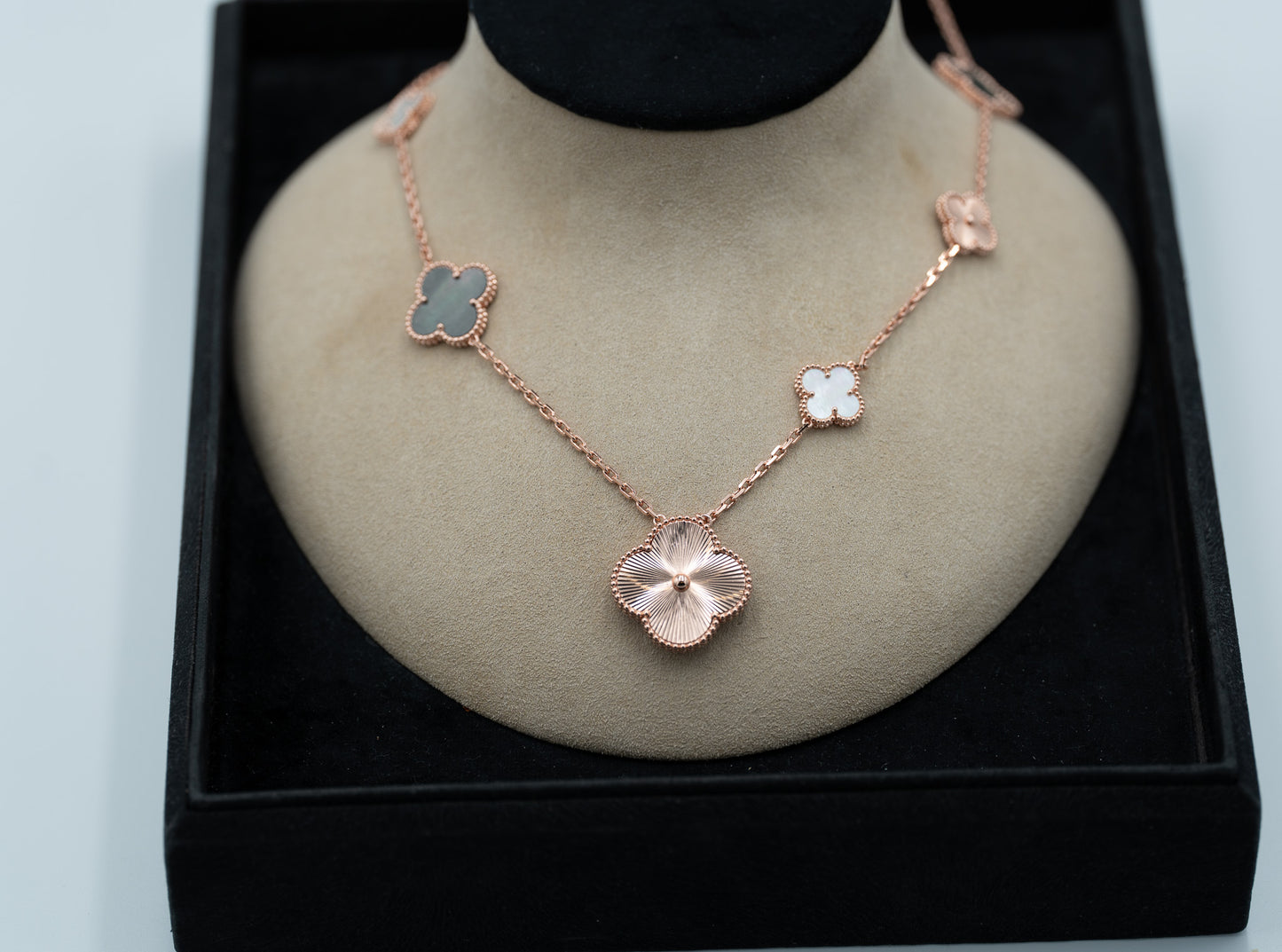 white & Gray Mother of pearl guillioche magic clover necklace 925 silve 18k rose gold plated