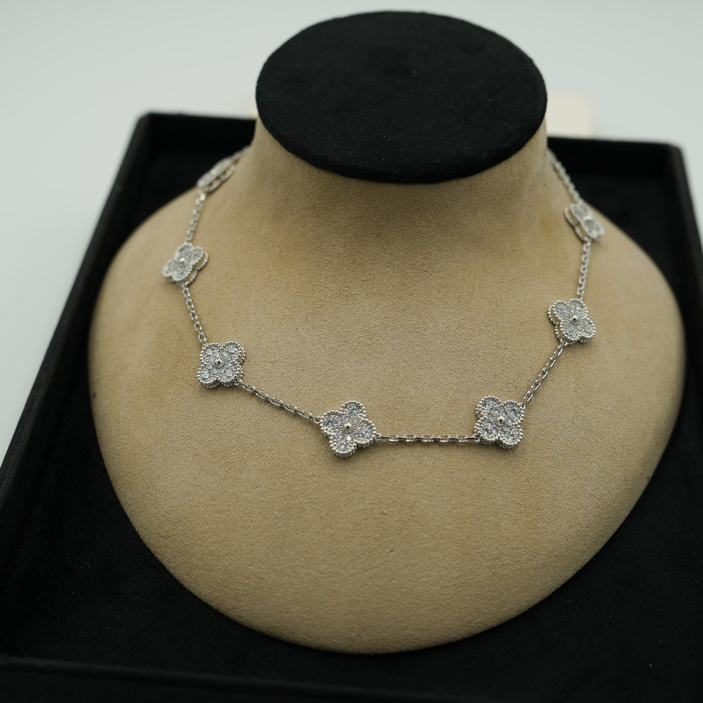 10 motif CZ clover necklace 925 silver 18k white gold plated