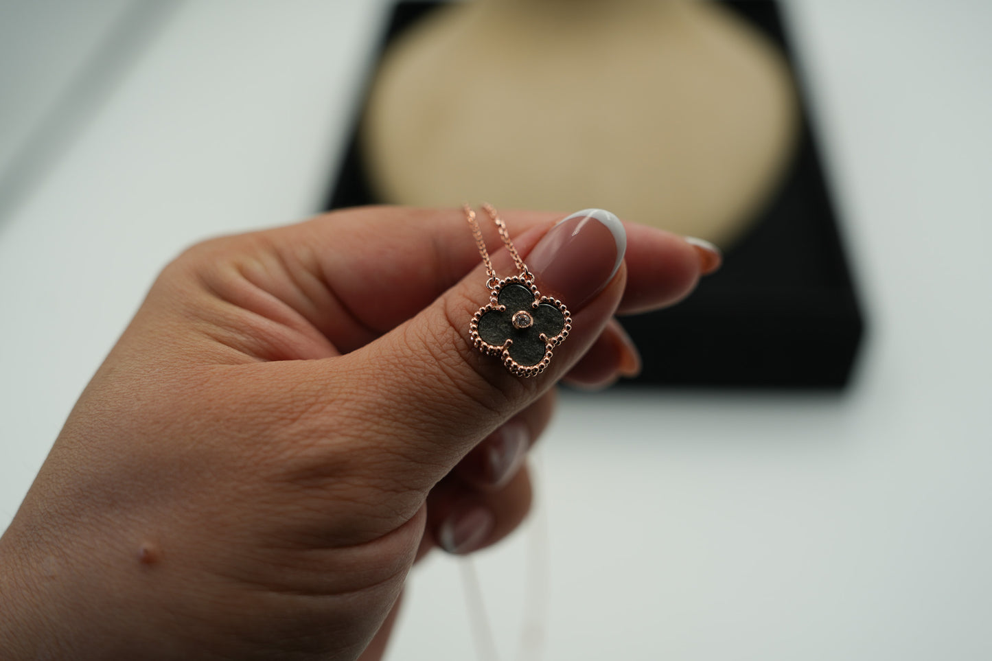 Silver Obsidian clover necklace 15mm clover size 925 silver 18k rose gold plated
