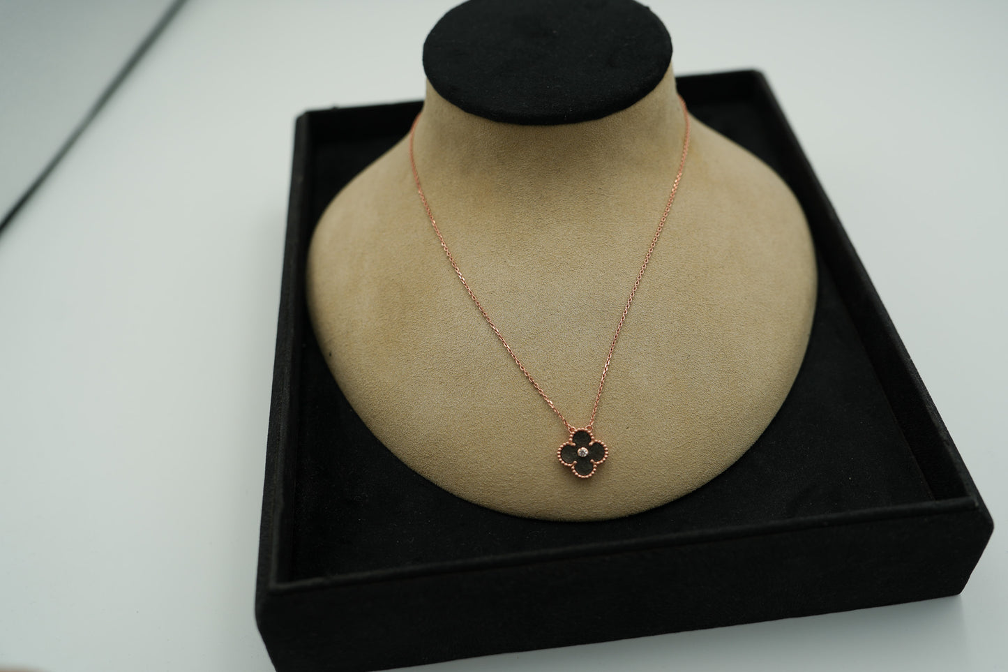 Silver Obsidian clover necklace 15mm clover size 925 silver 18k rose gold plated