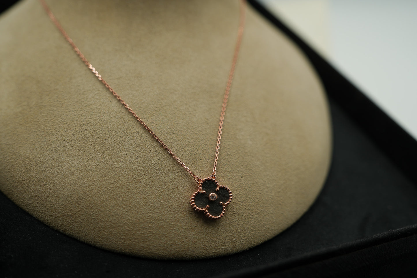 Silver Obsidian clover necklace 15mm clover size 925 silver 18k rose gold plated