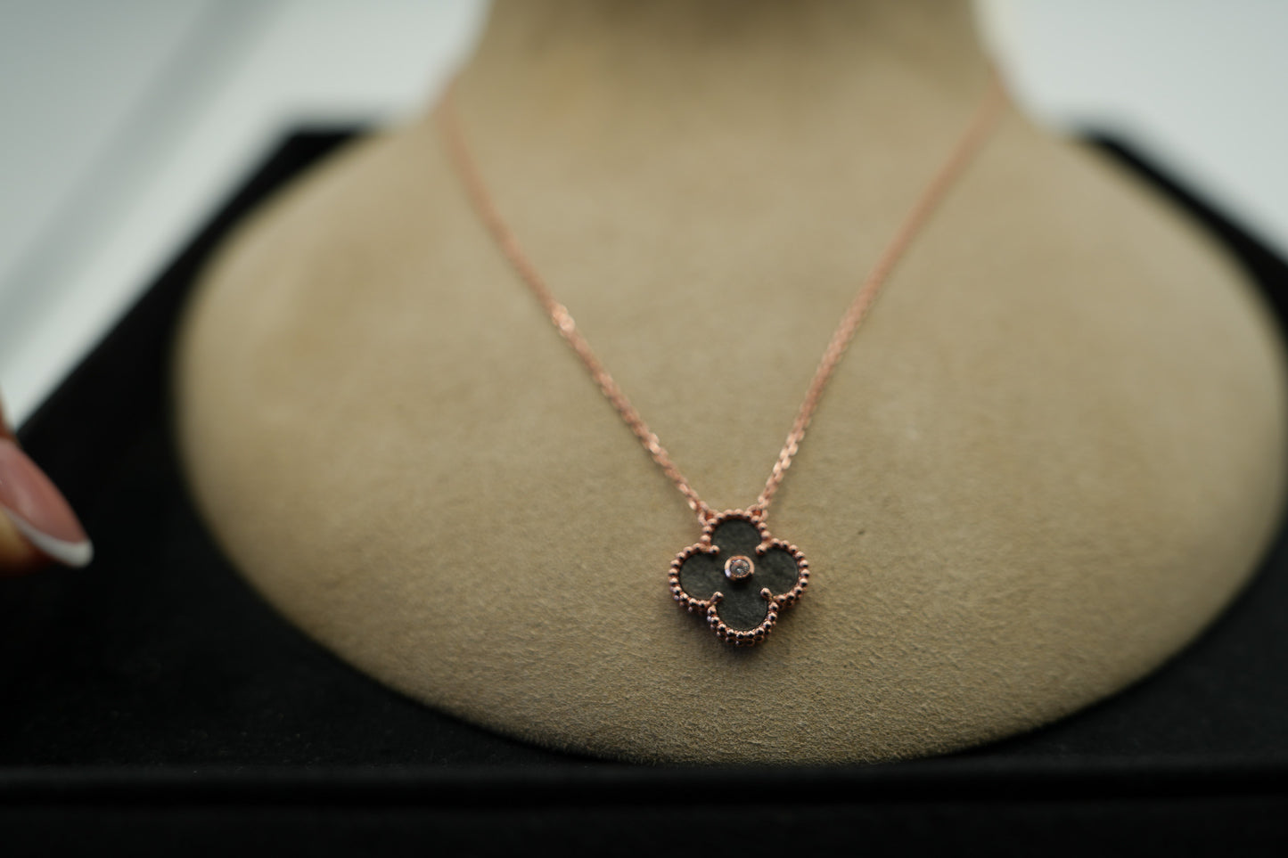 Silver Obsidian clover necklace 15mm clover size 925 silver 18k rose gold plated
