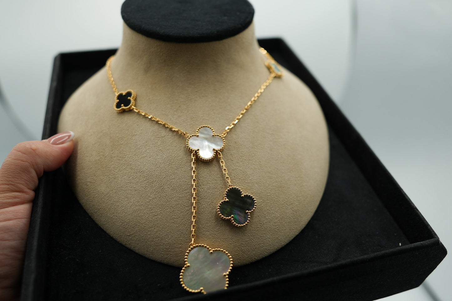 6 motif White & Gray mother of pearl clover necklace 925 silver 18k gold plated