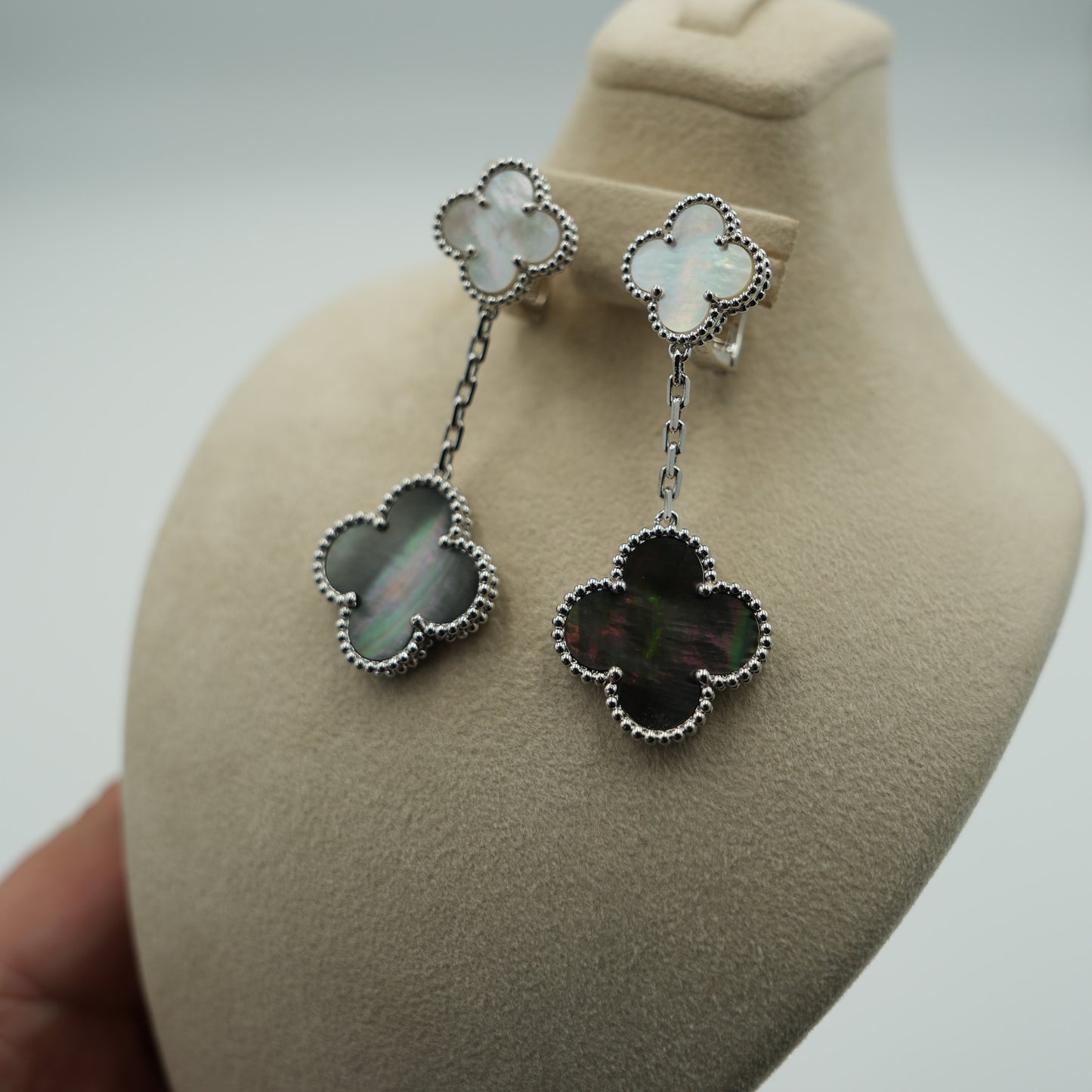 2 motif white & Gray Mother of pearl earrings 925 silver 18k white gold plated