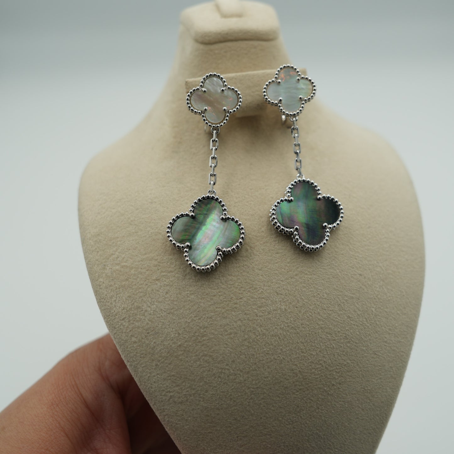 2 motif white & Gray Mother of pearl earrings 925 silver 18k white gold plated