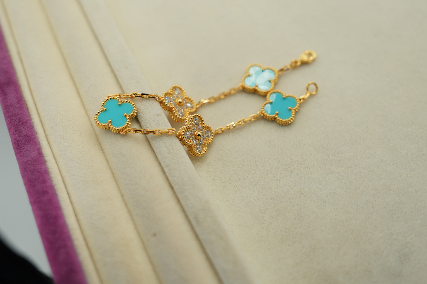 cz & Turquoise 5 motif clover bracelet 925 silver 18k gold plated