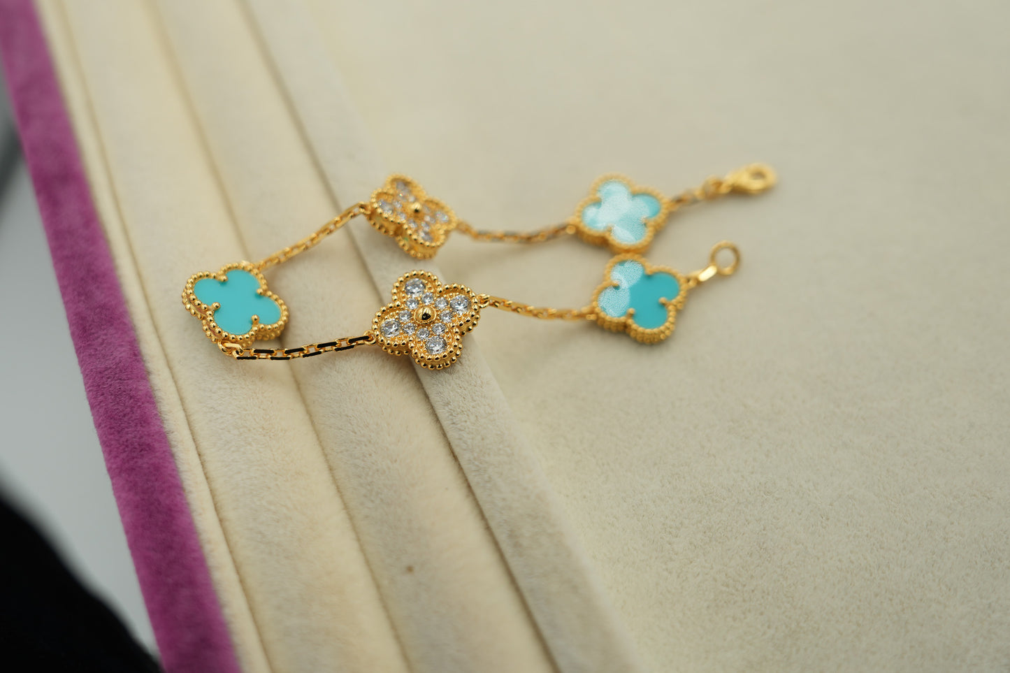 cz & Turquoise 5 motif clover bracelet 925 silver 18k gold plated