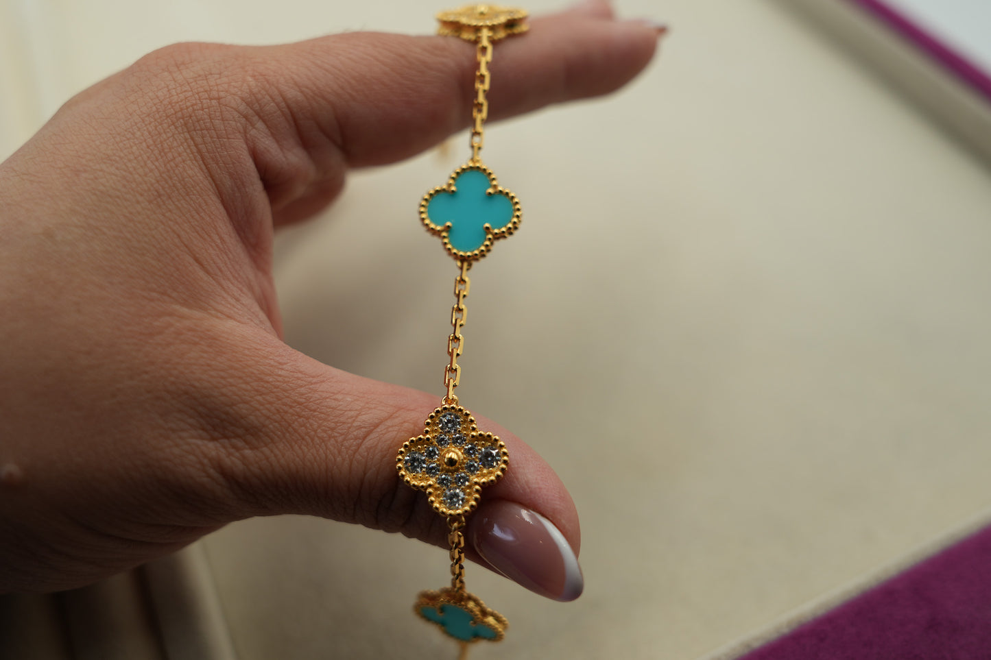 cz & Turquoise 5 motif clover bracelet 925 silver 18k gold plated