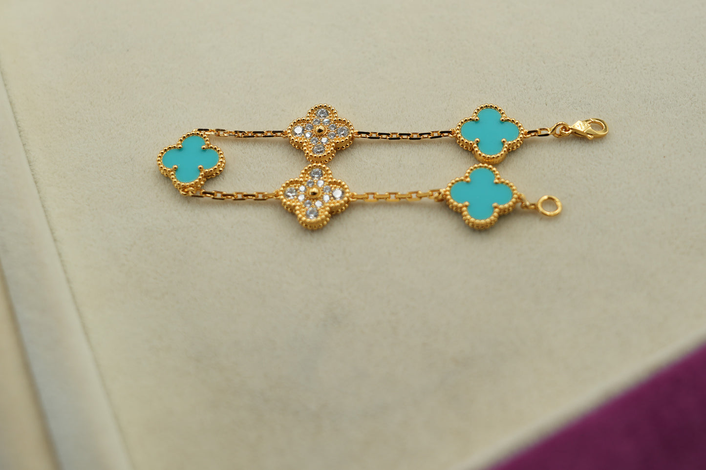 cz & Turquoise 5 motif clover bracelet 925 silver 18k gold plated