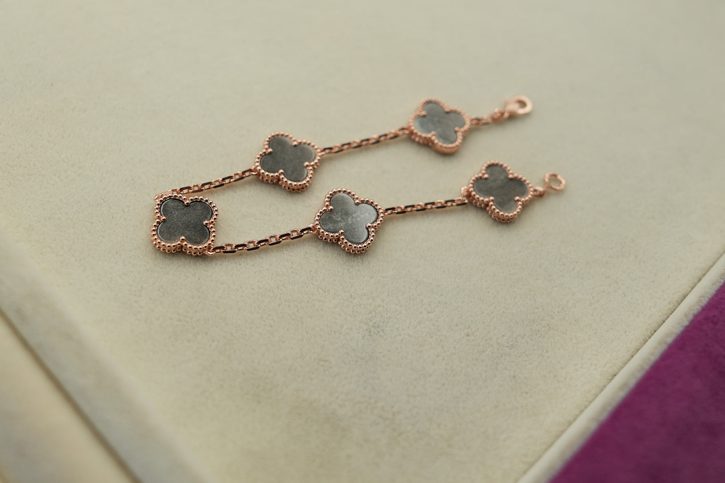silver obsidian clover bracelet 925 silver 18k rose gold plated