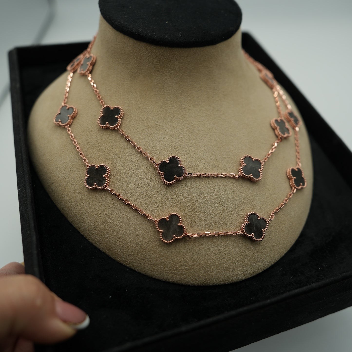 20 motif Silver obsidian clover necklace 925 silver 18k rose gold plated 84 cm long