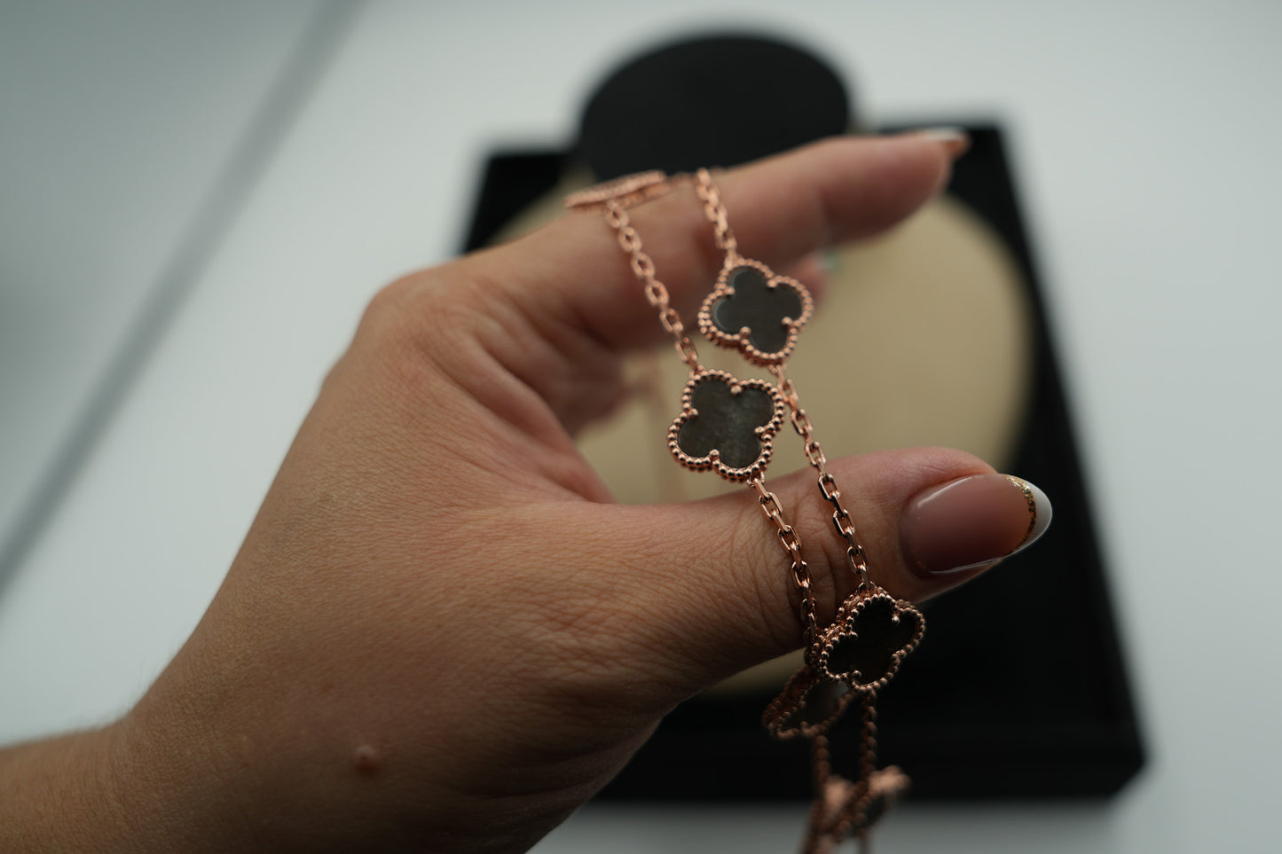 20 motif Silver obsidian clover necklace 925 silver 18k rose gold plated 84 cm long