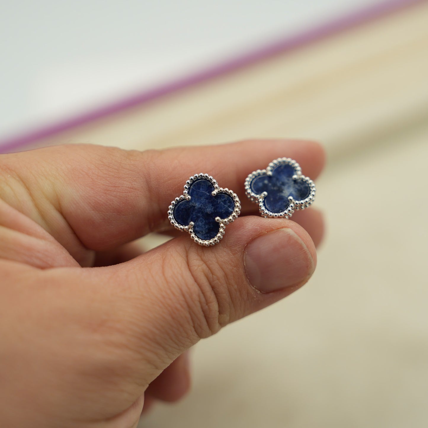 15mm clover size earrings Pietersite 925 silver 18k white gold plated