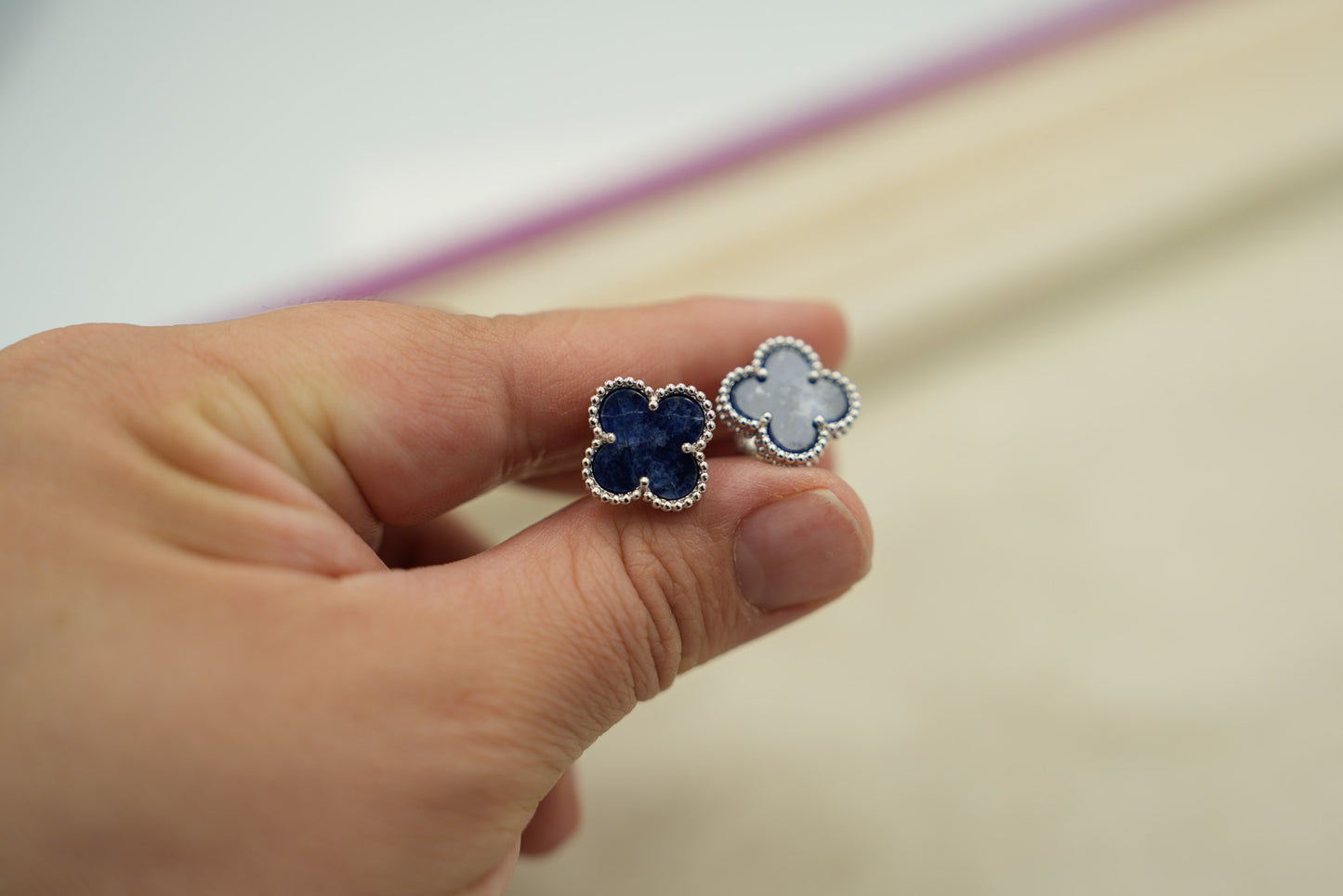 15mm clover size earrings Pietersite 925 silver 18k white gold plated