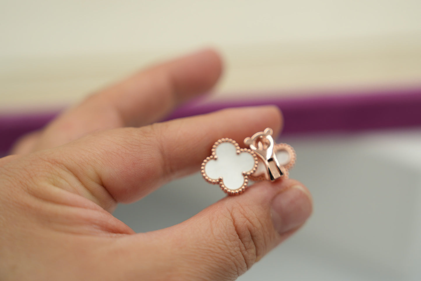 15mm clover size earrings Mother of pearl 925 silver 18k rose gold plated