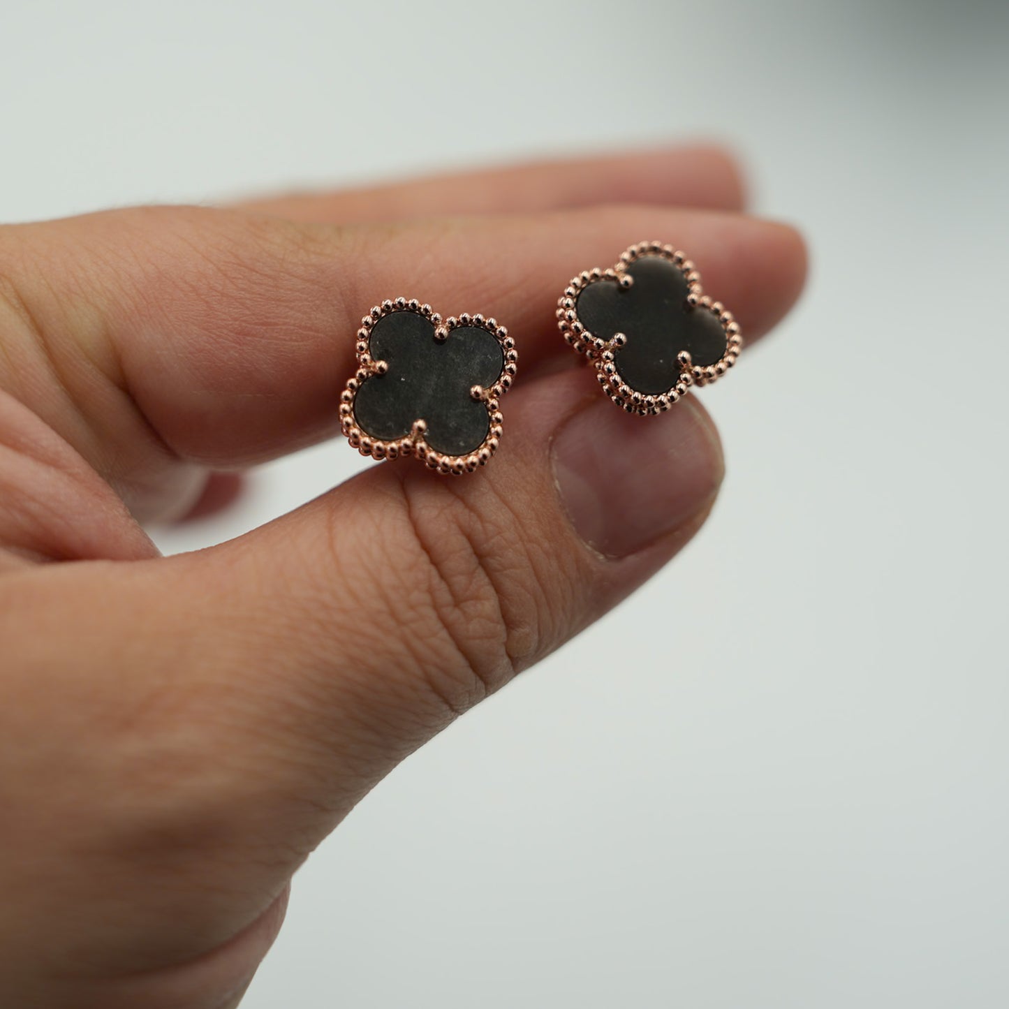 15mm clover size earrings Silver Obsidian 925 silver 18k rose gold plated