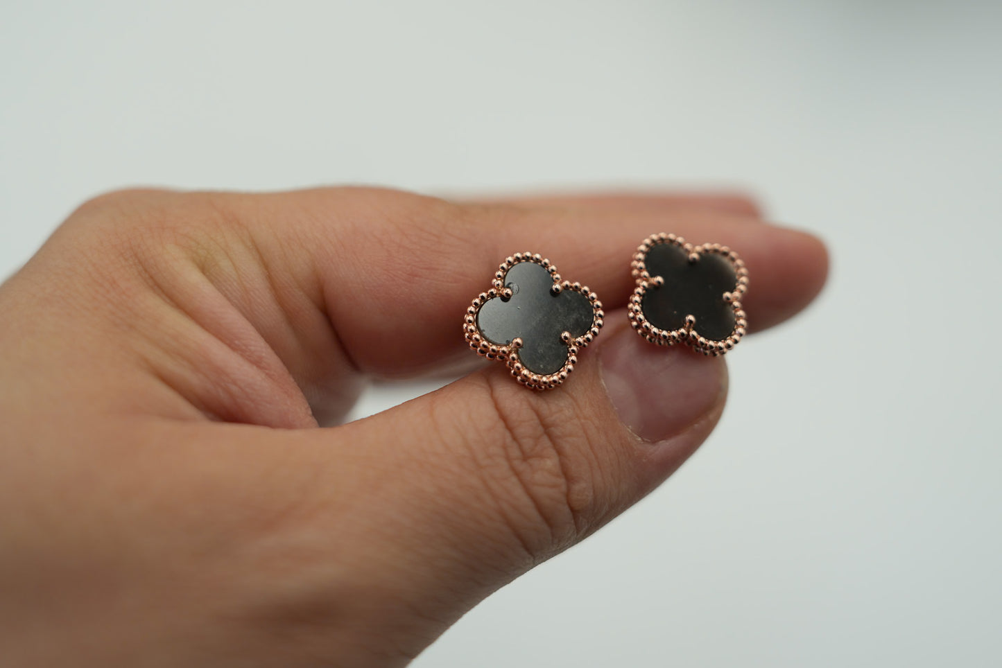 15mm clover size earrings Silver Obsidian 925 silver 18k rose gold plated