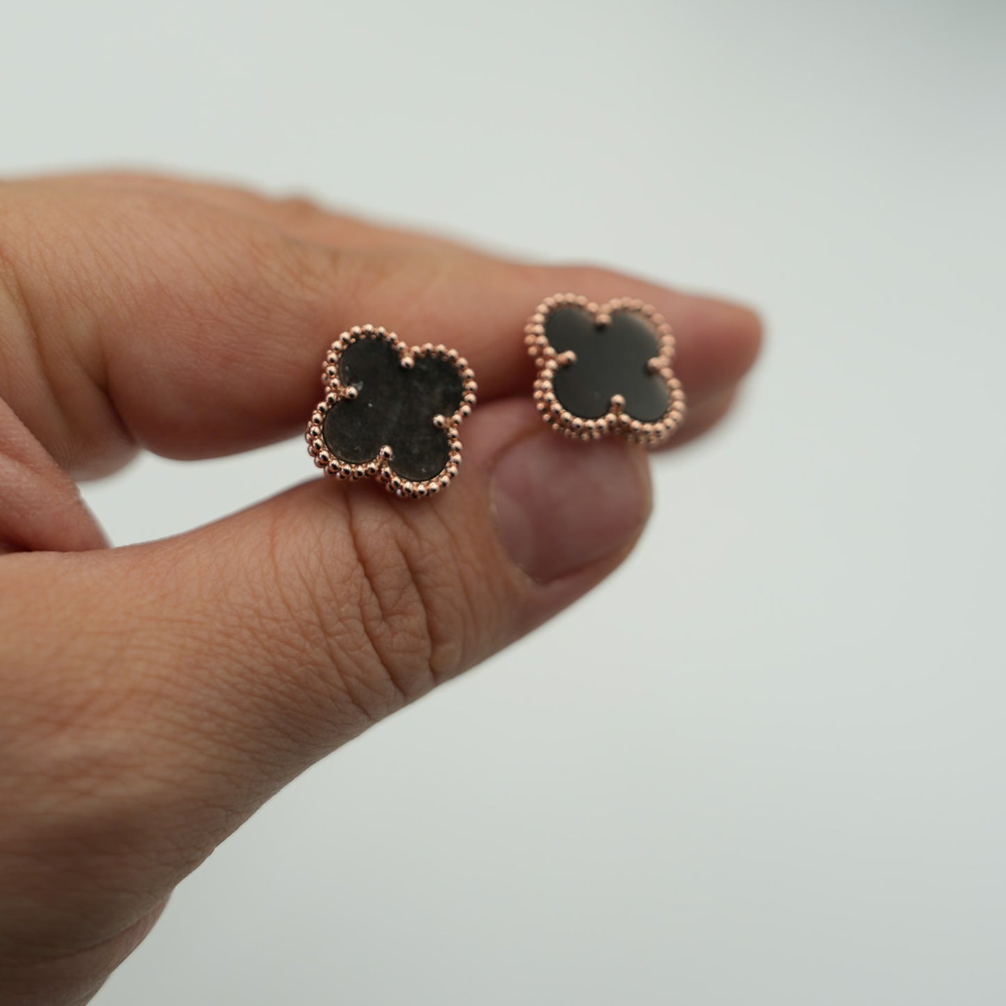 15mm clover size earrings Silver Obsidian 925 silver 18k rose gold plated