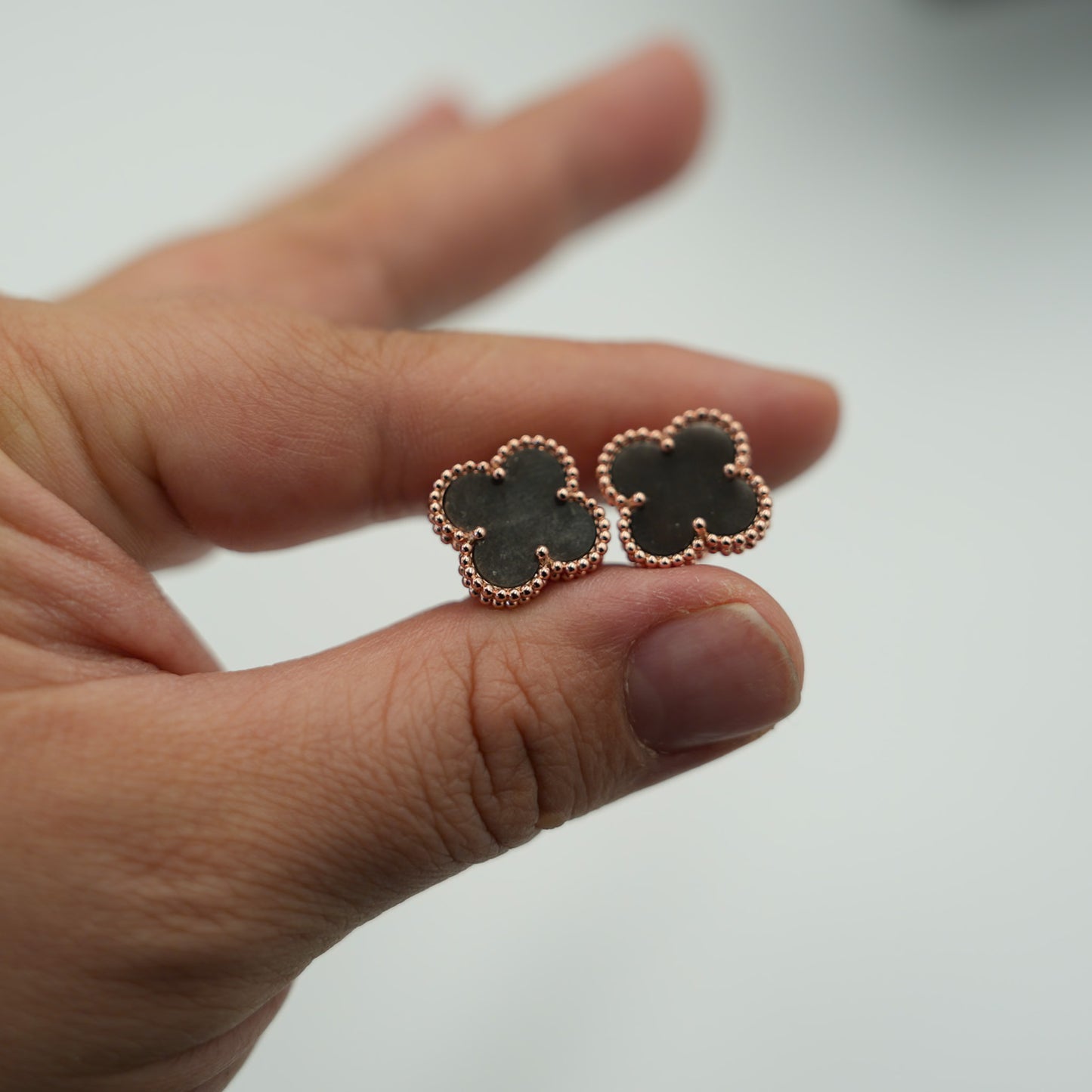 15mm clover size earrings  Silver Obsidian 925 silver 18k rose gold plated