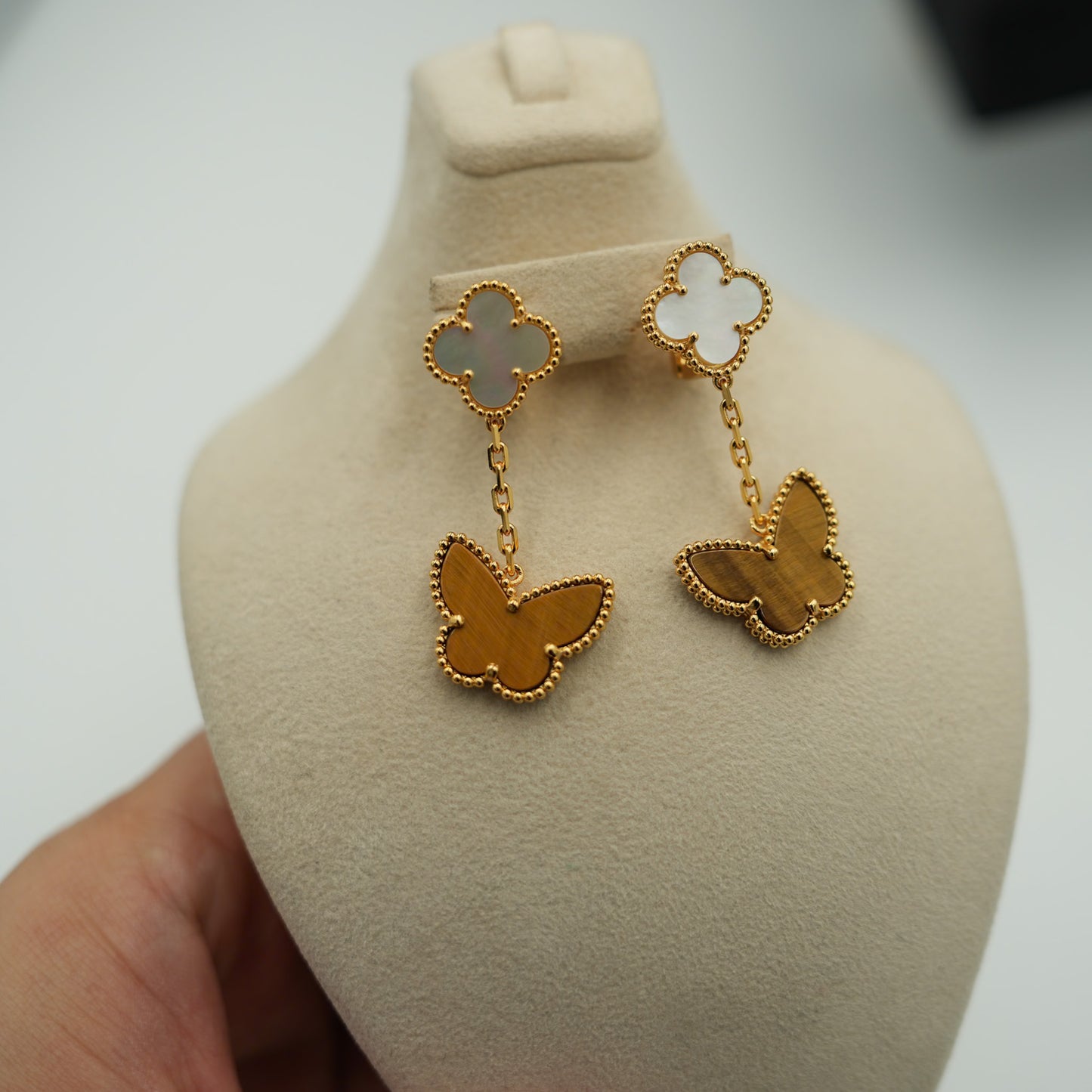 2 motif Mother of pearl & Tiger Eye Butterfly clover earrings 925 silver 18k gold plated