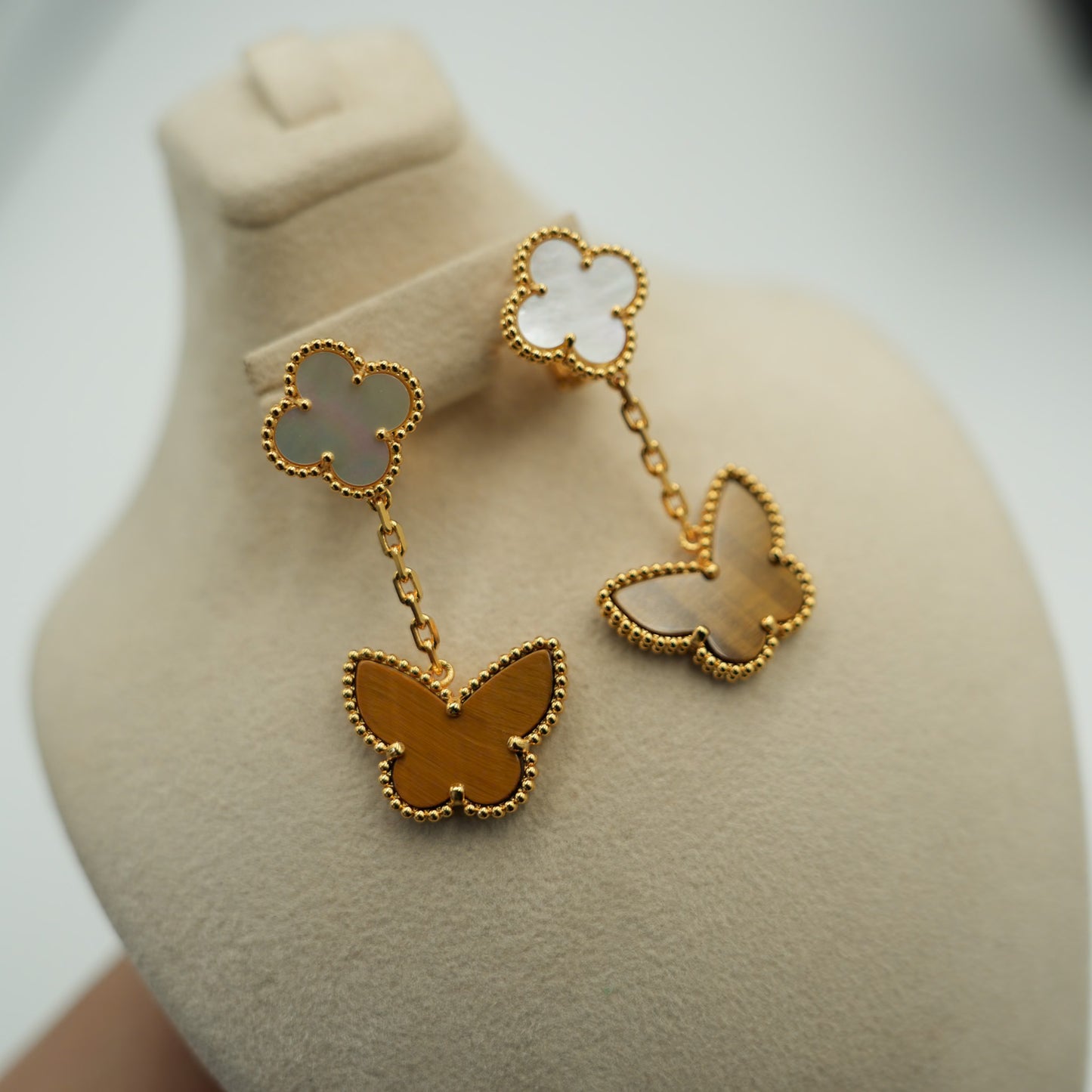 2 motif Mother of pearl & Tiger Eye Butterfly clover earrings 925 silver 18k gold plated