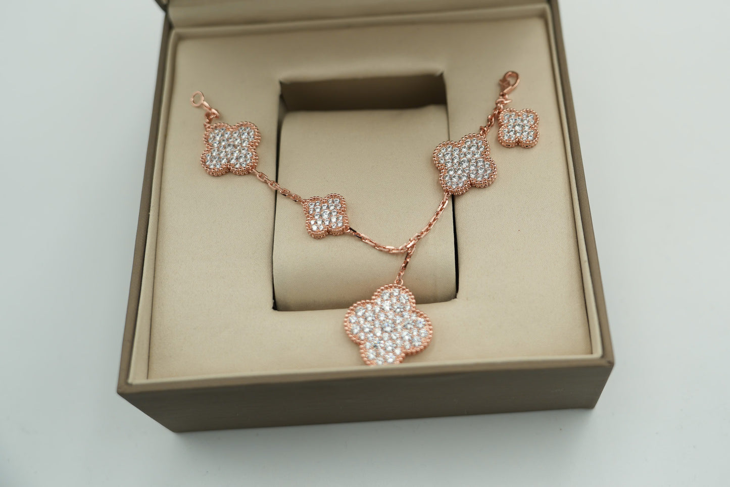 CZ clover Charm bracelet 925 silver 18k rose gold plated