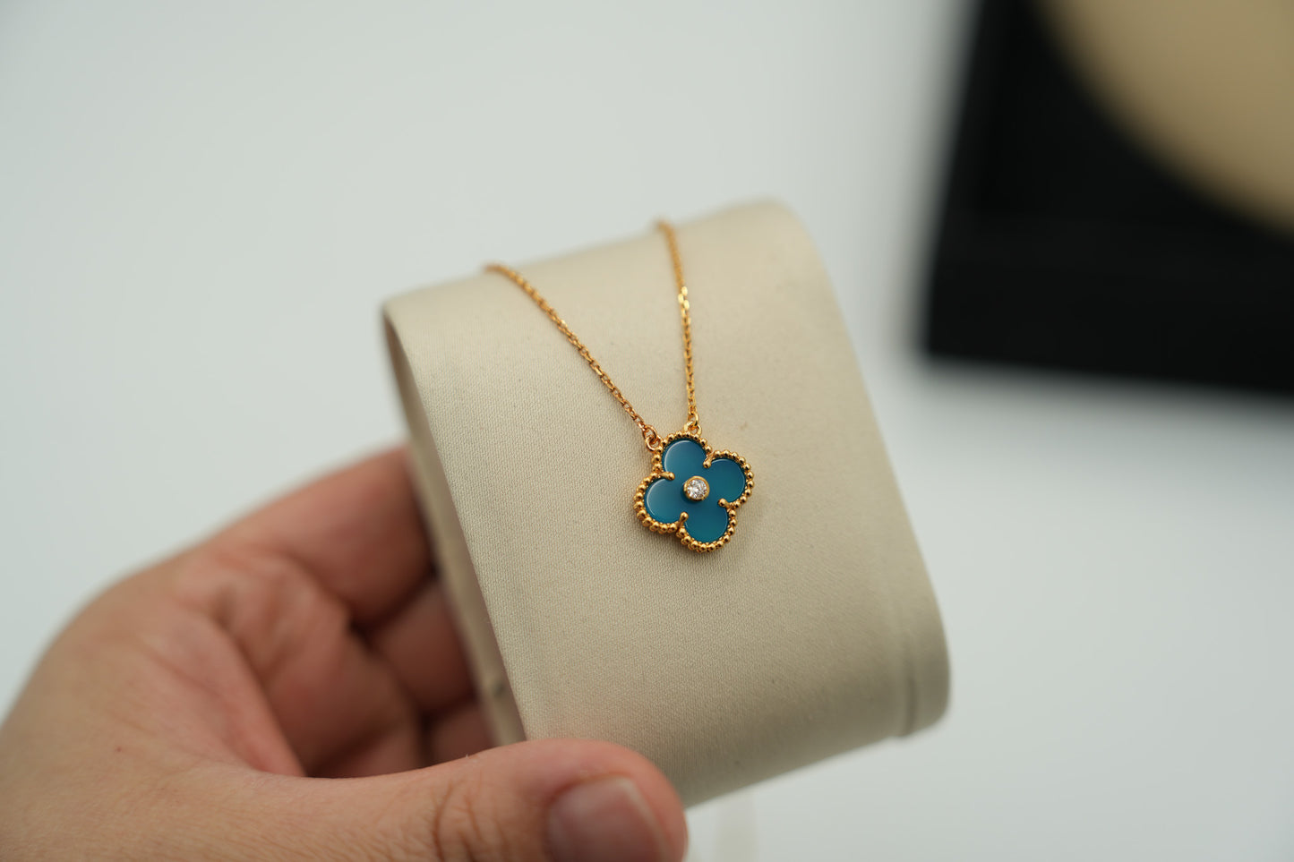 Blue agate cz clover necklace 15mm clover size 925 silver 18k gold plated