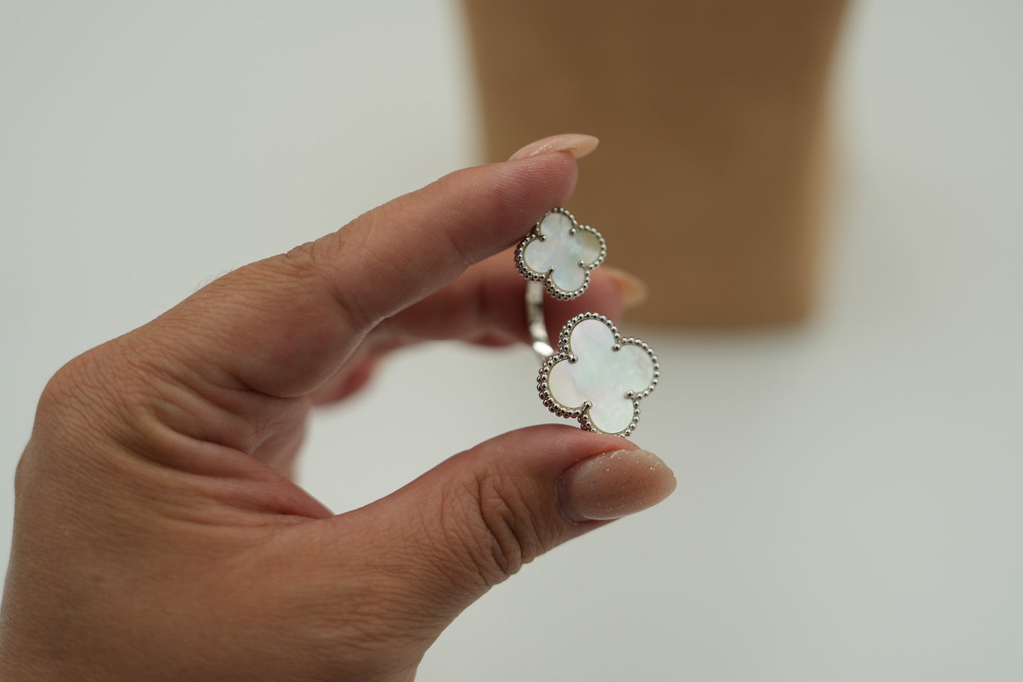 Mother of pearl Clover Open ring 925 silver 18k white gold plated open ring