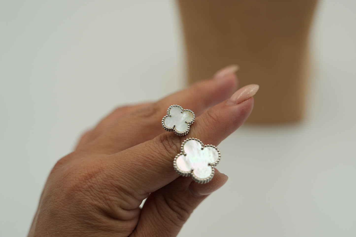 Mother of pearl Clover Open ring 925 silver 18k white gold plated open ring