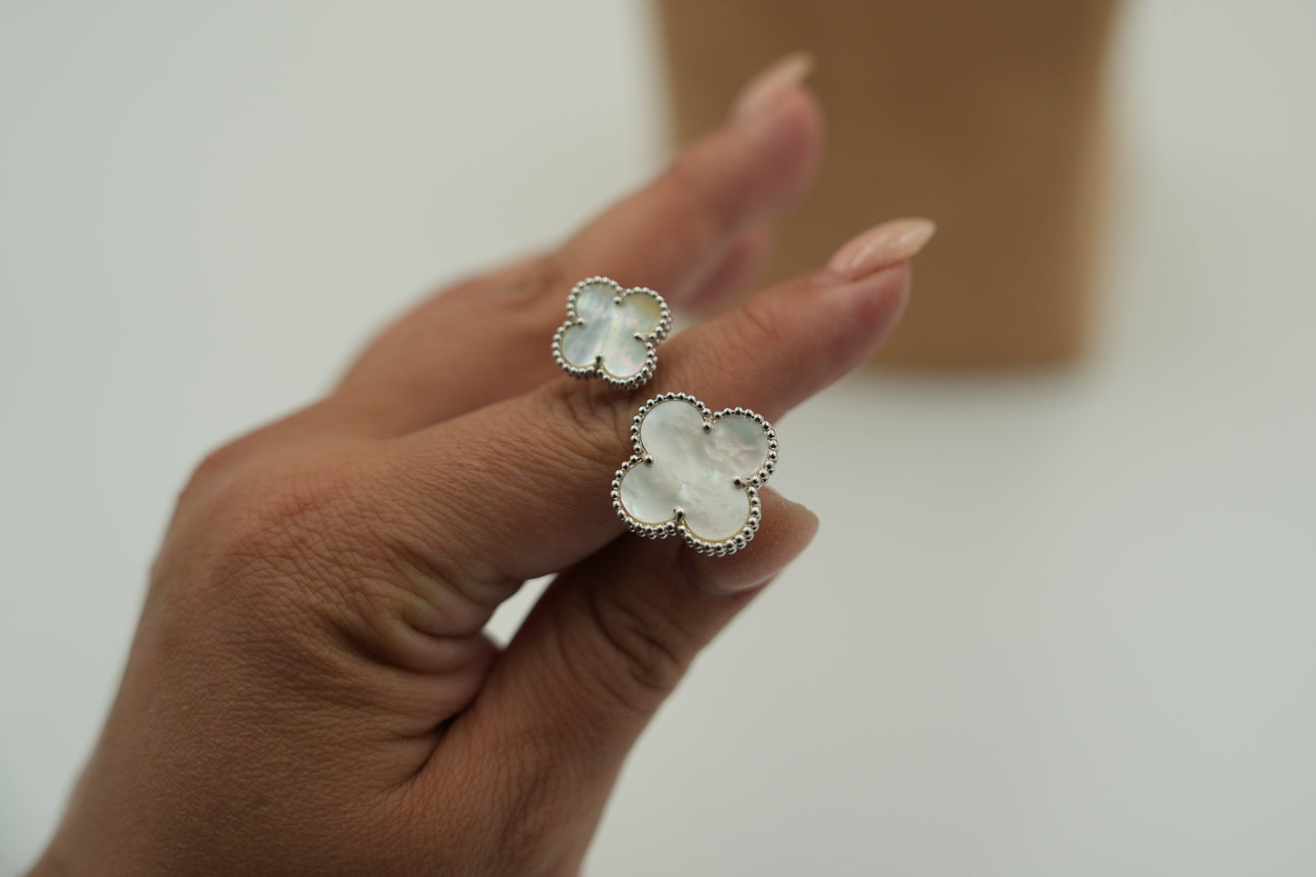 Mother of pearl Clover Open ring 925 silver 18k white gold plated open ring