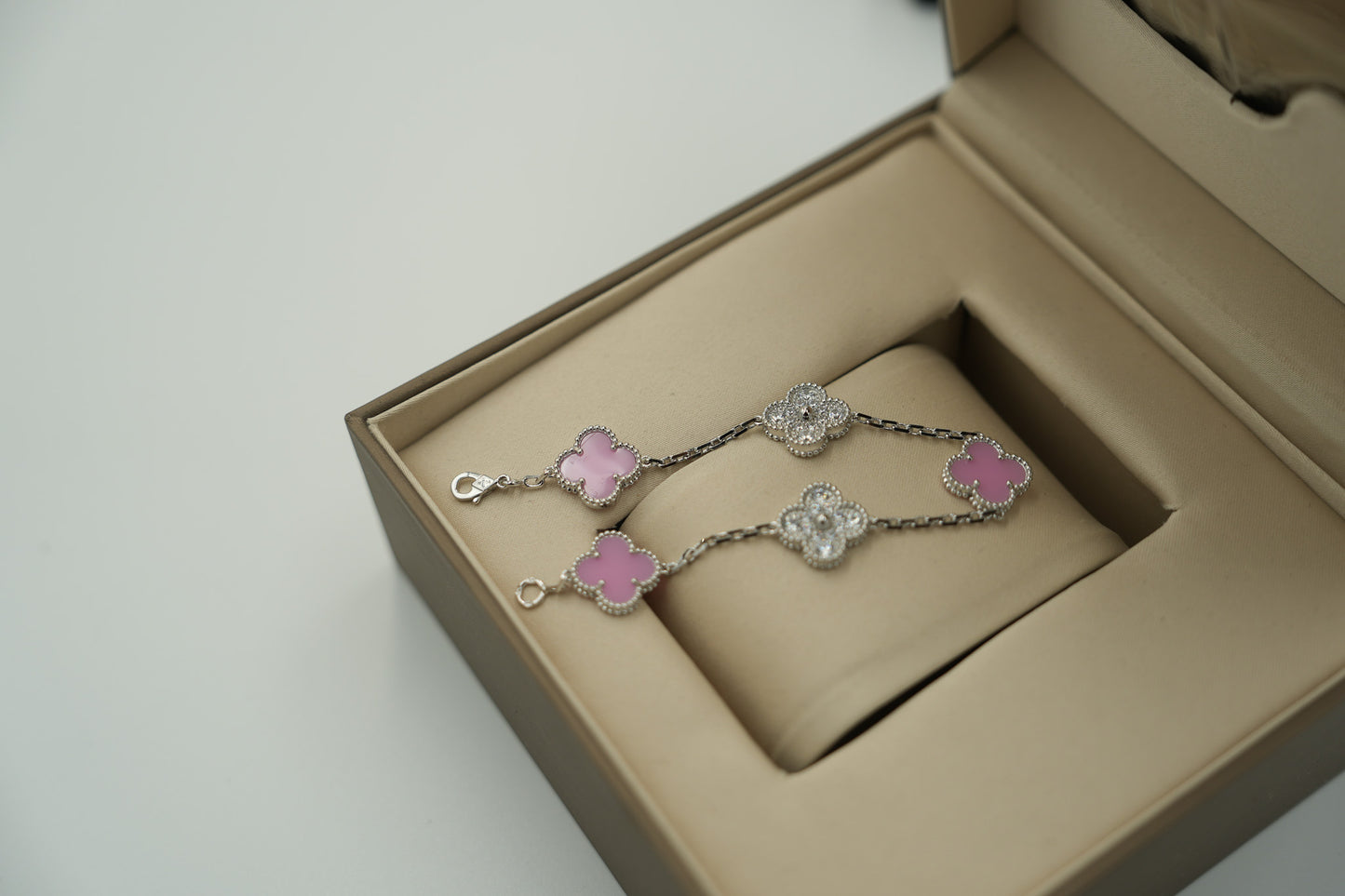 Pink porcelain bracelet 5 motif 925 silver 18k white gold plated