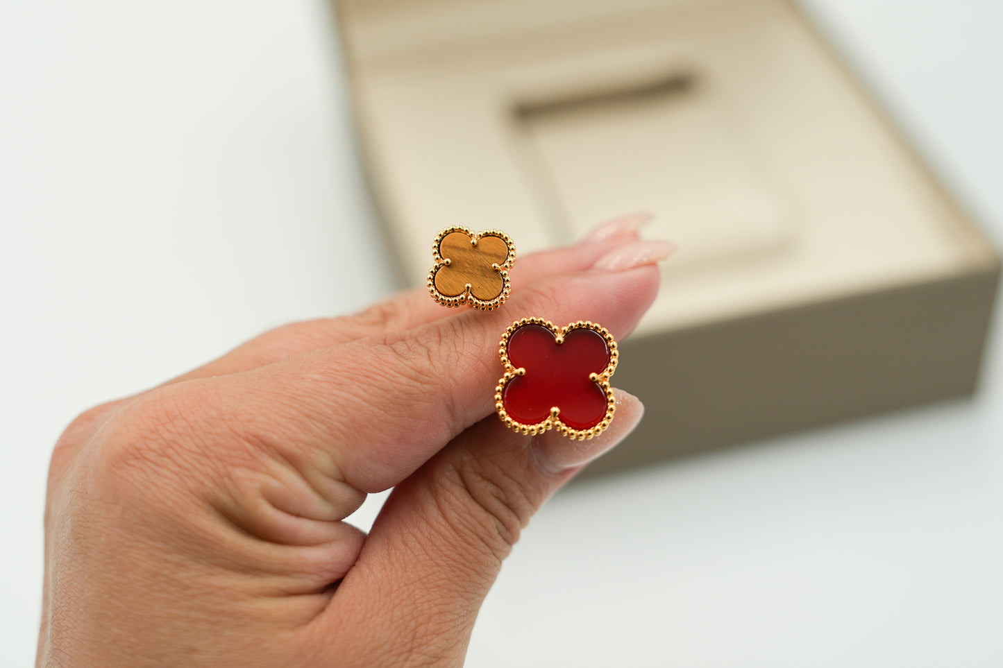 Carnelian & Tiger Clover Open ring 925 silver 18k white gold plated open ring