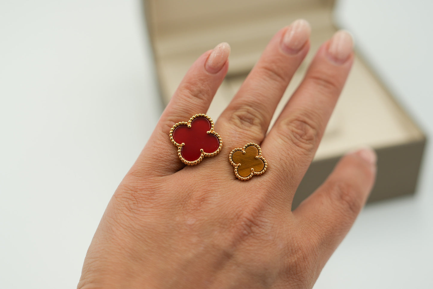 Carnelian & Tiger Clover Open ring 925 silver 18k white gold plated open ring