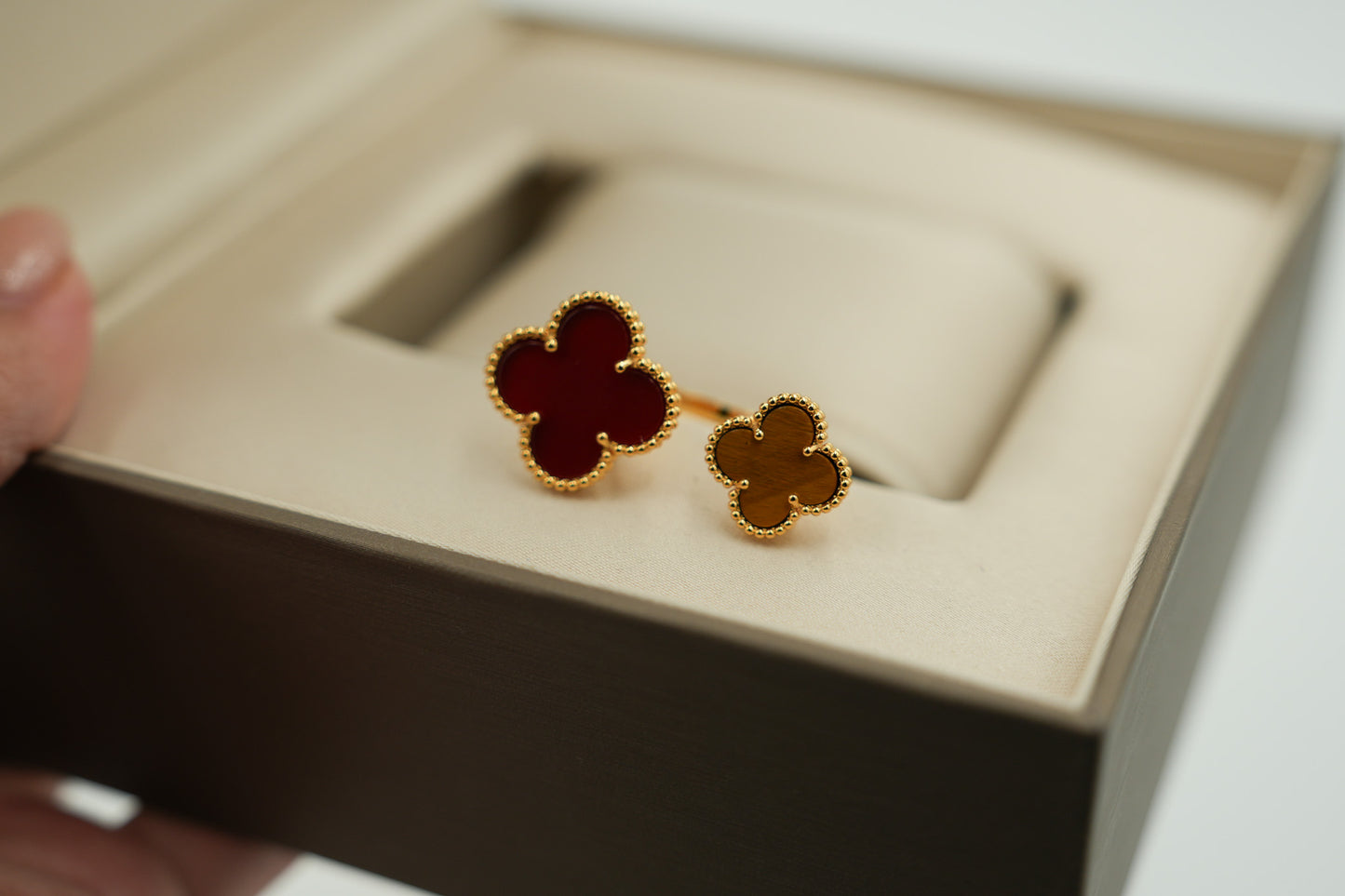 Carnelian & Tiger Clover Open ring 925 silver 18k white gold plated open ring