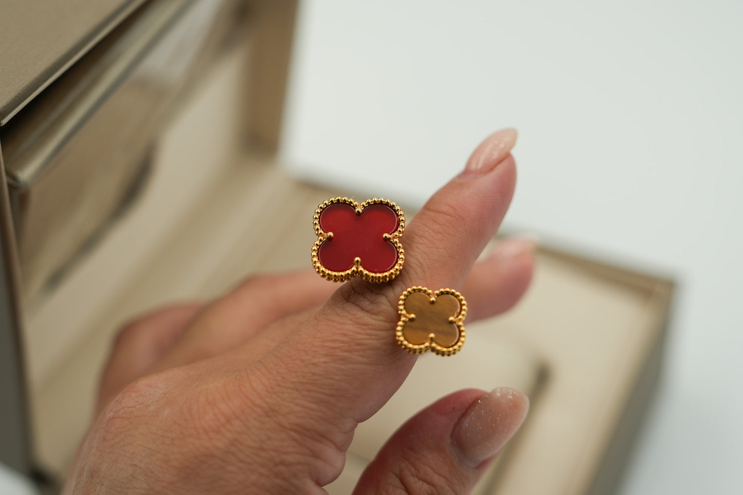 Carnelian & Tiger Clover Open ring 925 silver 18k white gold plated open ring
