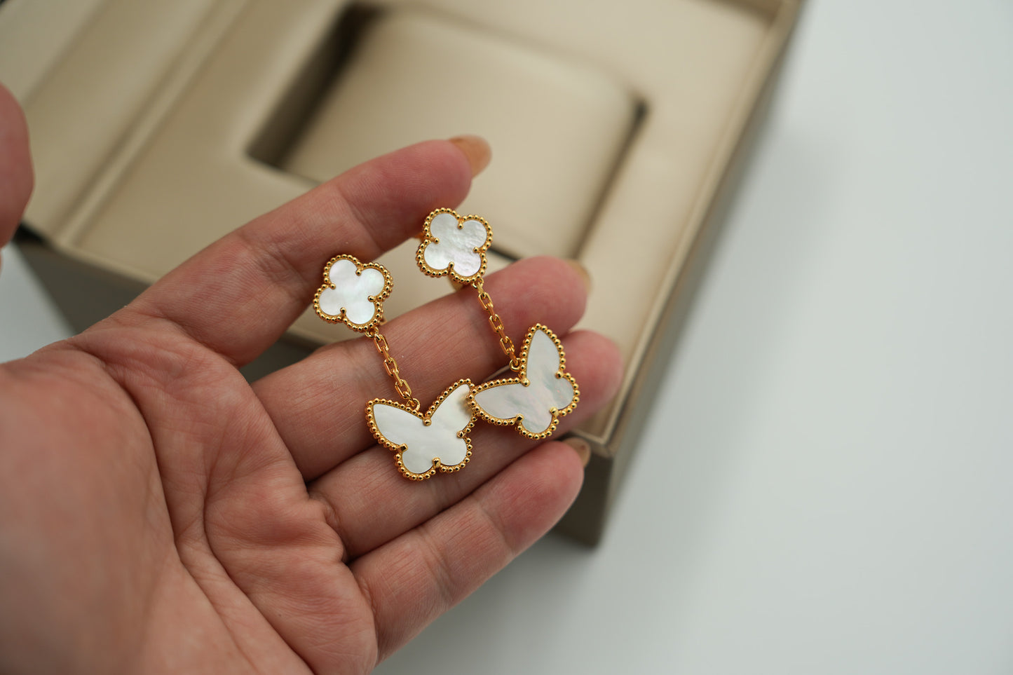 2 motif Mother of pearl Butterfly clover earrings 925 silver 18k gold plated