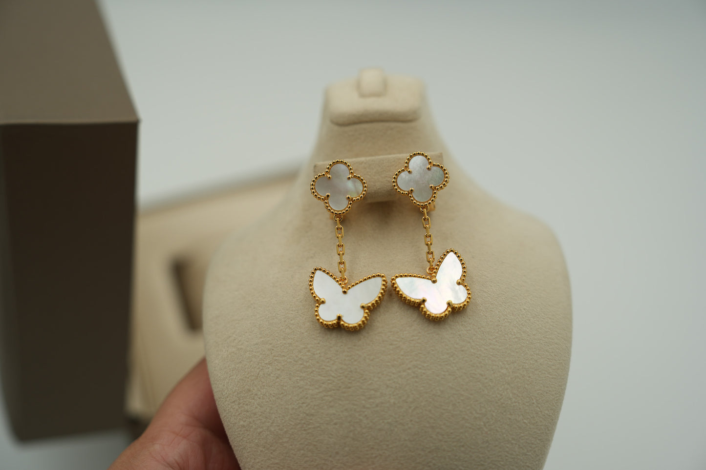 2 motif Mother of pearl Butterfly clover earrings 925 silver 18k gold plated