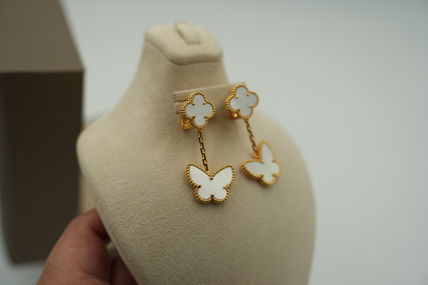 2 motif Mother of pearl  Butterfly clover earrings 925 silver 18k gold plated