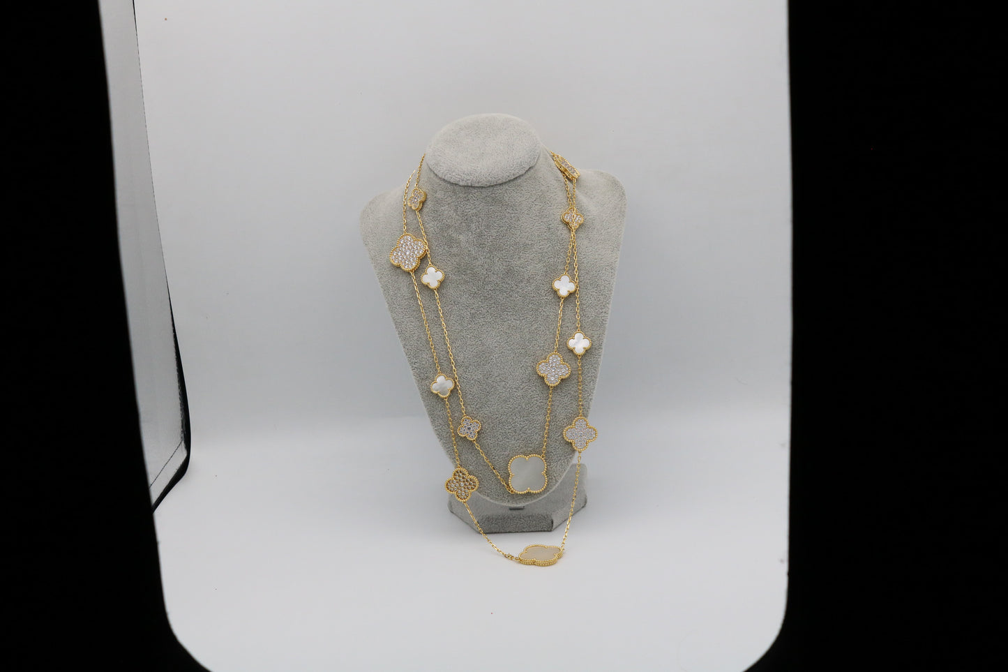 CZ & Mother of pearl 16 motif clover necklace 120 cm long 925 silver 18k gold plated