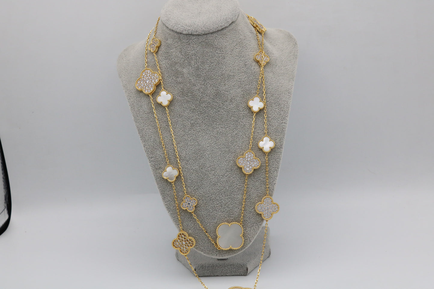 CZ & Mother of pearl 16 motif clover necklace 120 cm long 925 silver 18k gold plated