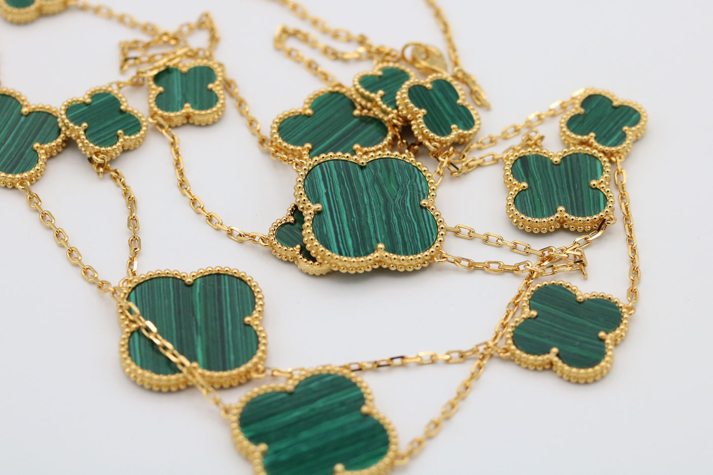 Malachite 16 motif clover necklace 120 cm long 925 silver 18k gold plated