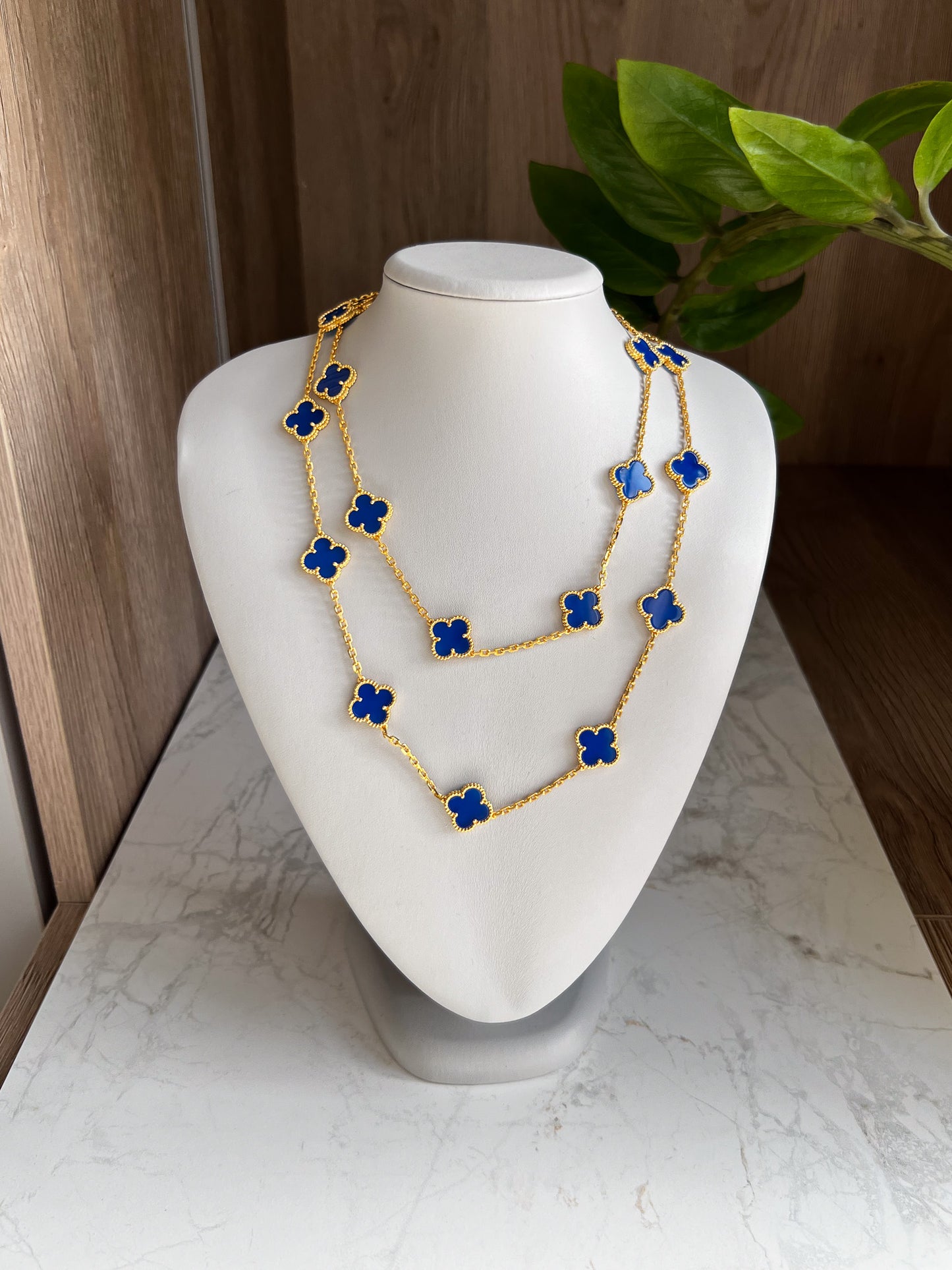 20 motif Blue agate clover necklace 925 silver 18k gold plated 84 cm long