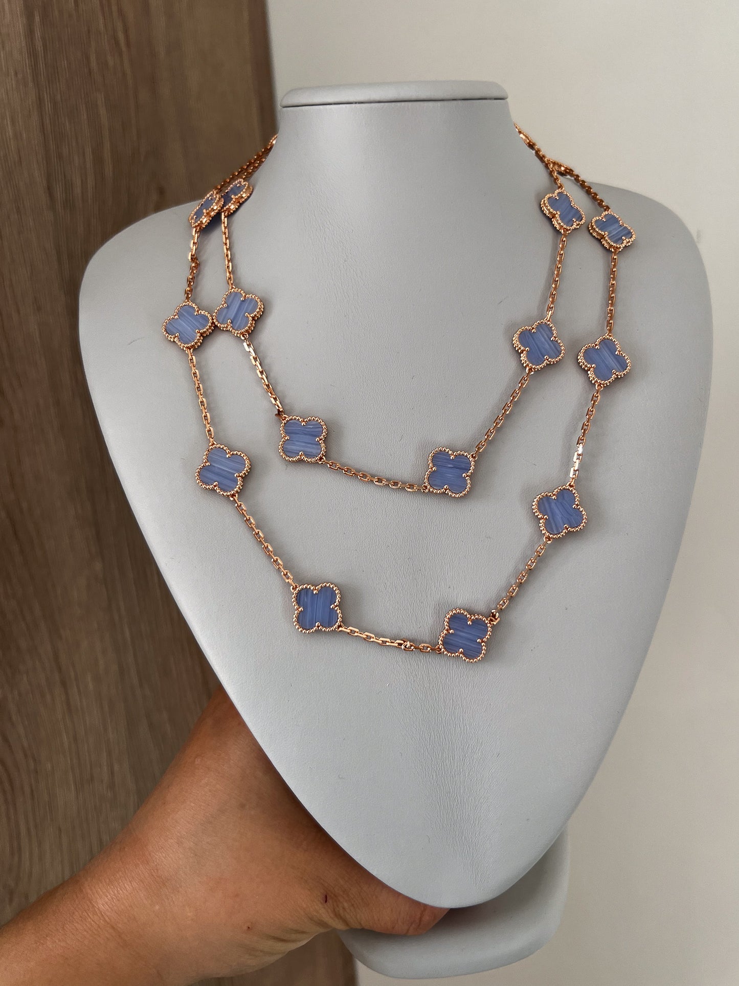 20 motif Chalcedony clover necklace 925 silver 18k rose gold plated 84 cm long