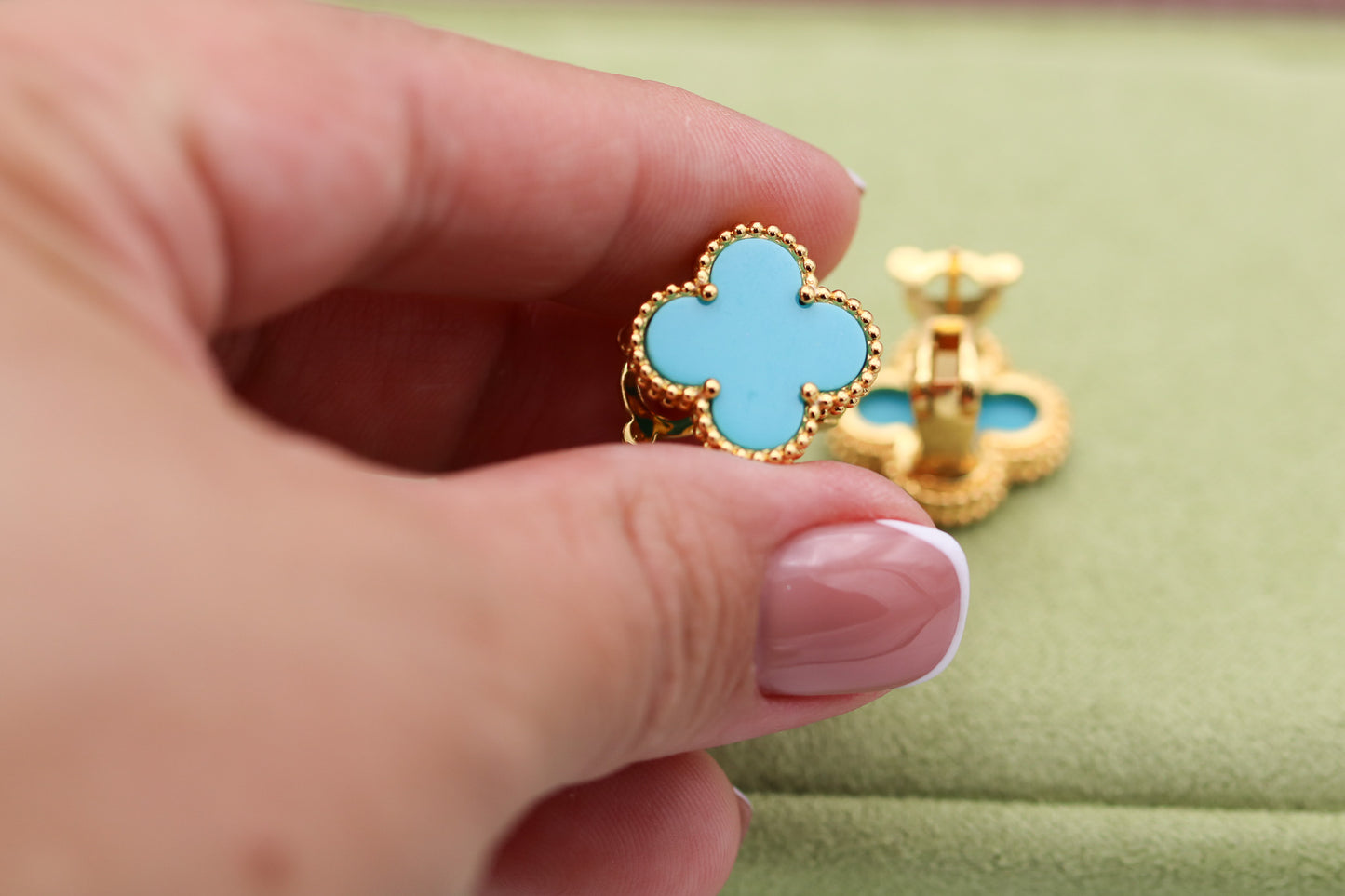 15mm onw clover Turquoise earrings 925 silver 18k gold plated